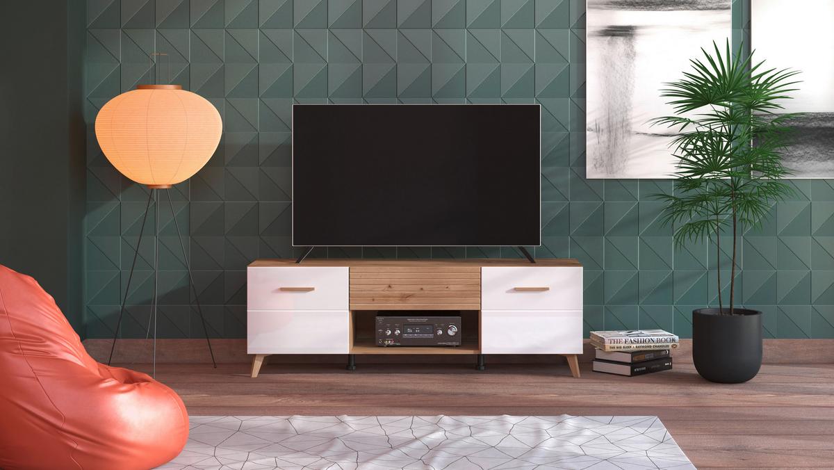 Tv-elem Bretagne - tölgyfa/fehér, Modern, faalapú anyag (147/50/41,5cm) - Best Price