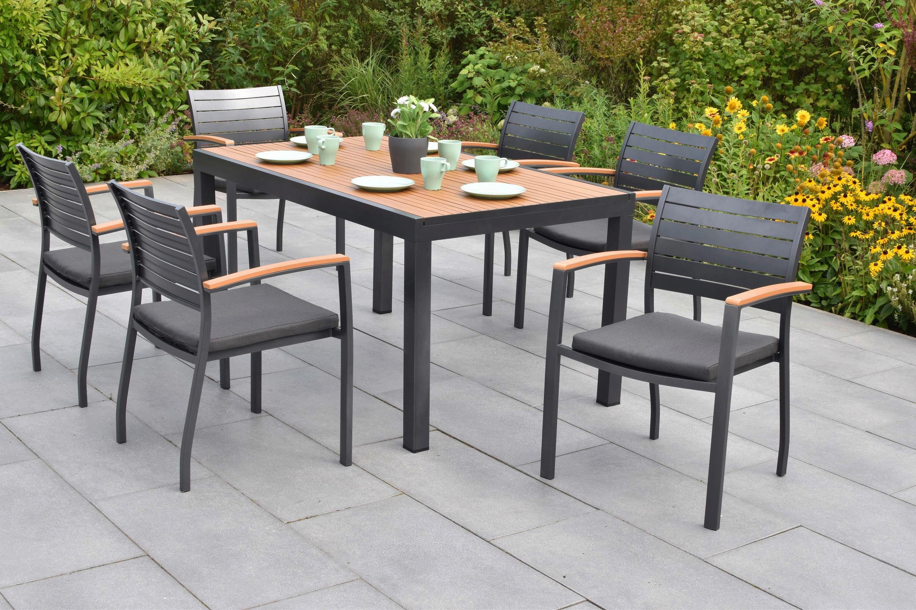 Gartentischgruppe 7tlg. inkl. Sitzkissen - Graphitfarben/Naturfarben, KONVENTIONELL, Kunststoff/Textil - Gardenson