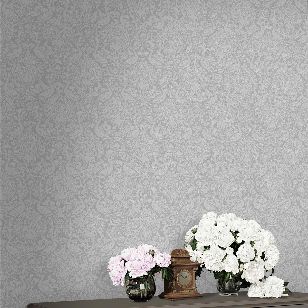 Vliestapete Peacock Damask - Grau, Basics, Papier/Kunststoff (52/1000cm)