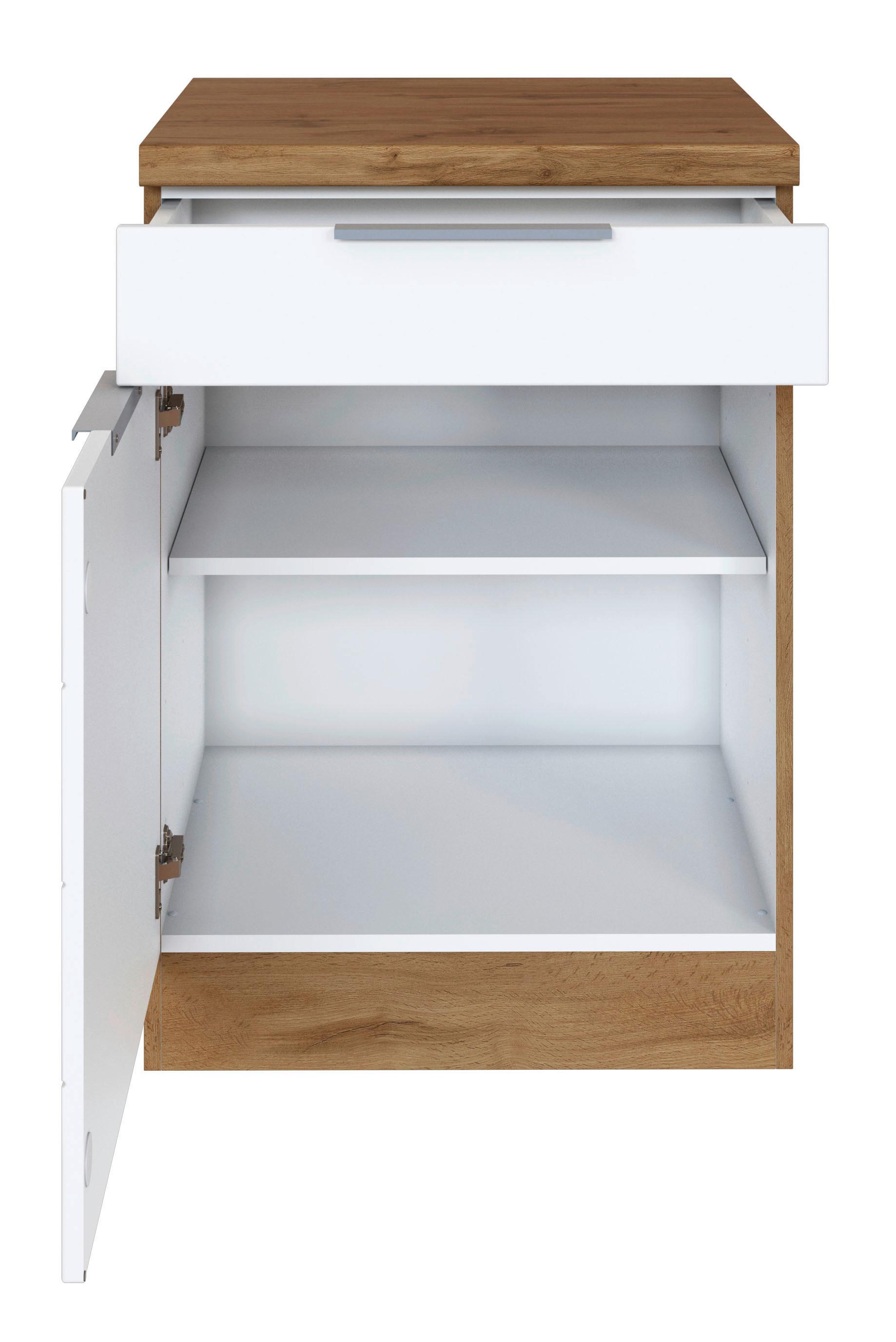 Weißer Küchenunterschrank mit wechselbarem Türanschlag