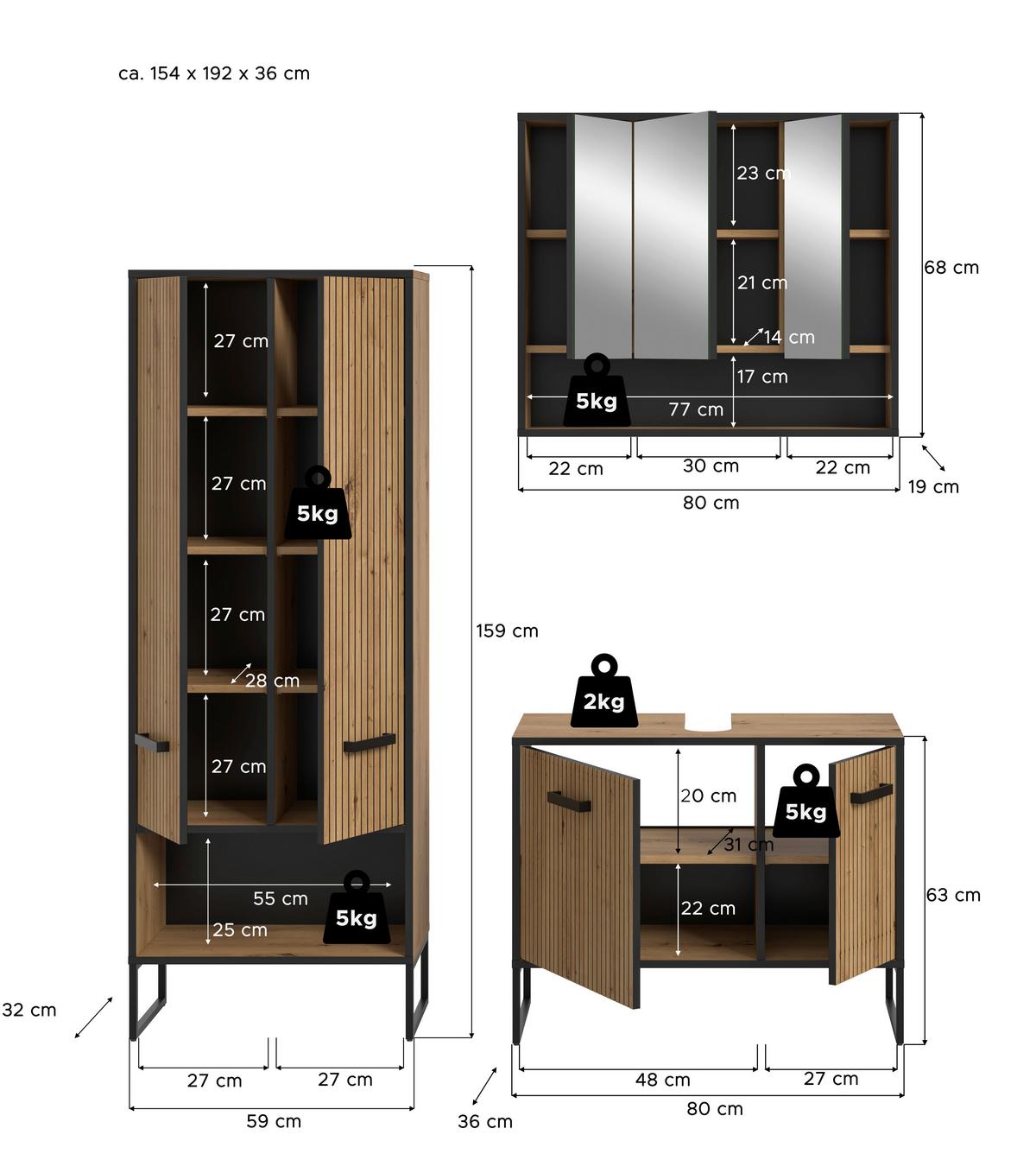 Badezimmer Bagno Schwarz /Eiche Artisan Dekor B: 139cm - Schwarz/Eiche Artisan, Trend, Glas/Holzwerkstoff (139cm) - MID.YOU