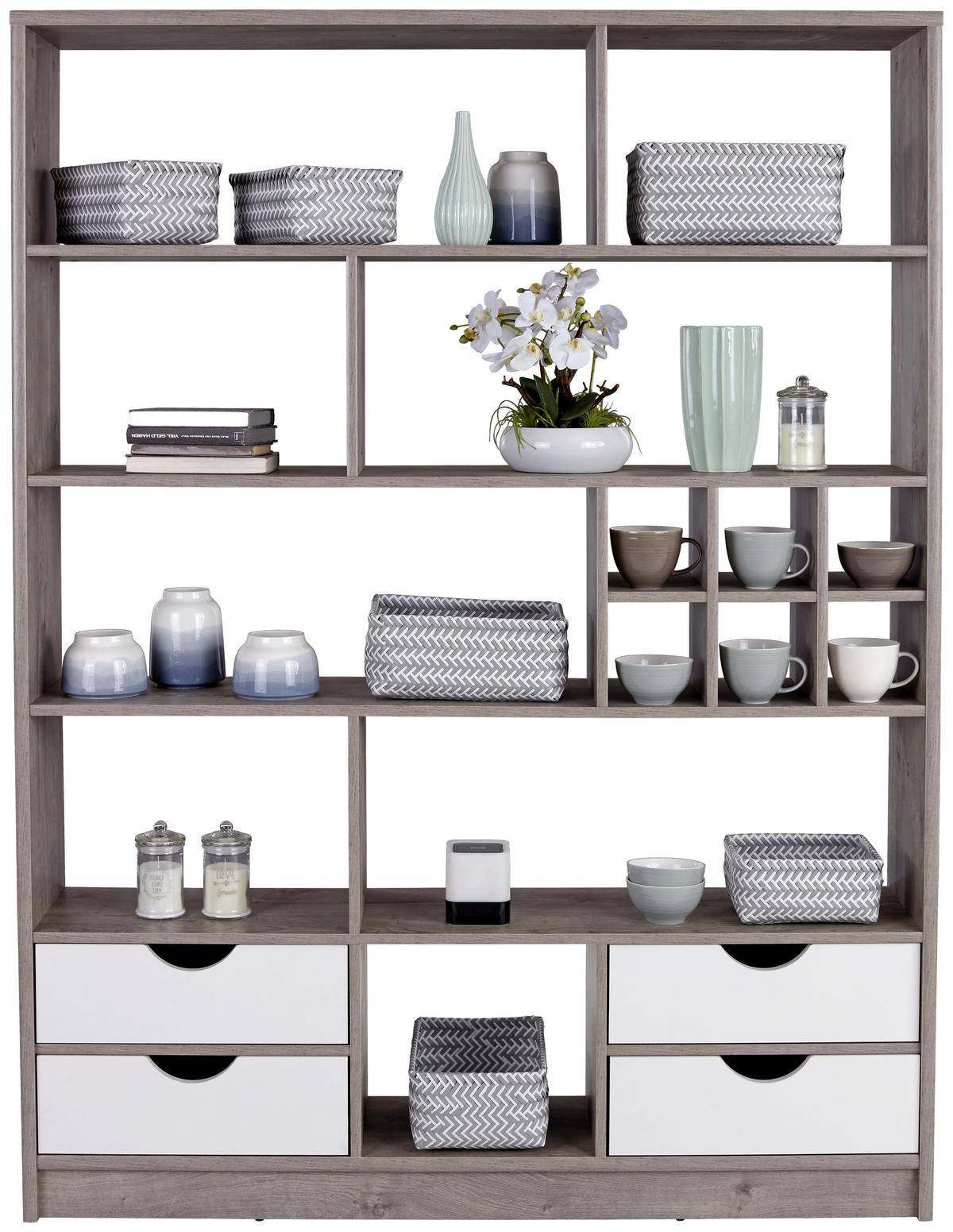 Regal mit Laden Meggy B 140cm, Ribbeck Eiche Dekor - Eiche grau, MODERN, Holz (140/184/32cm)