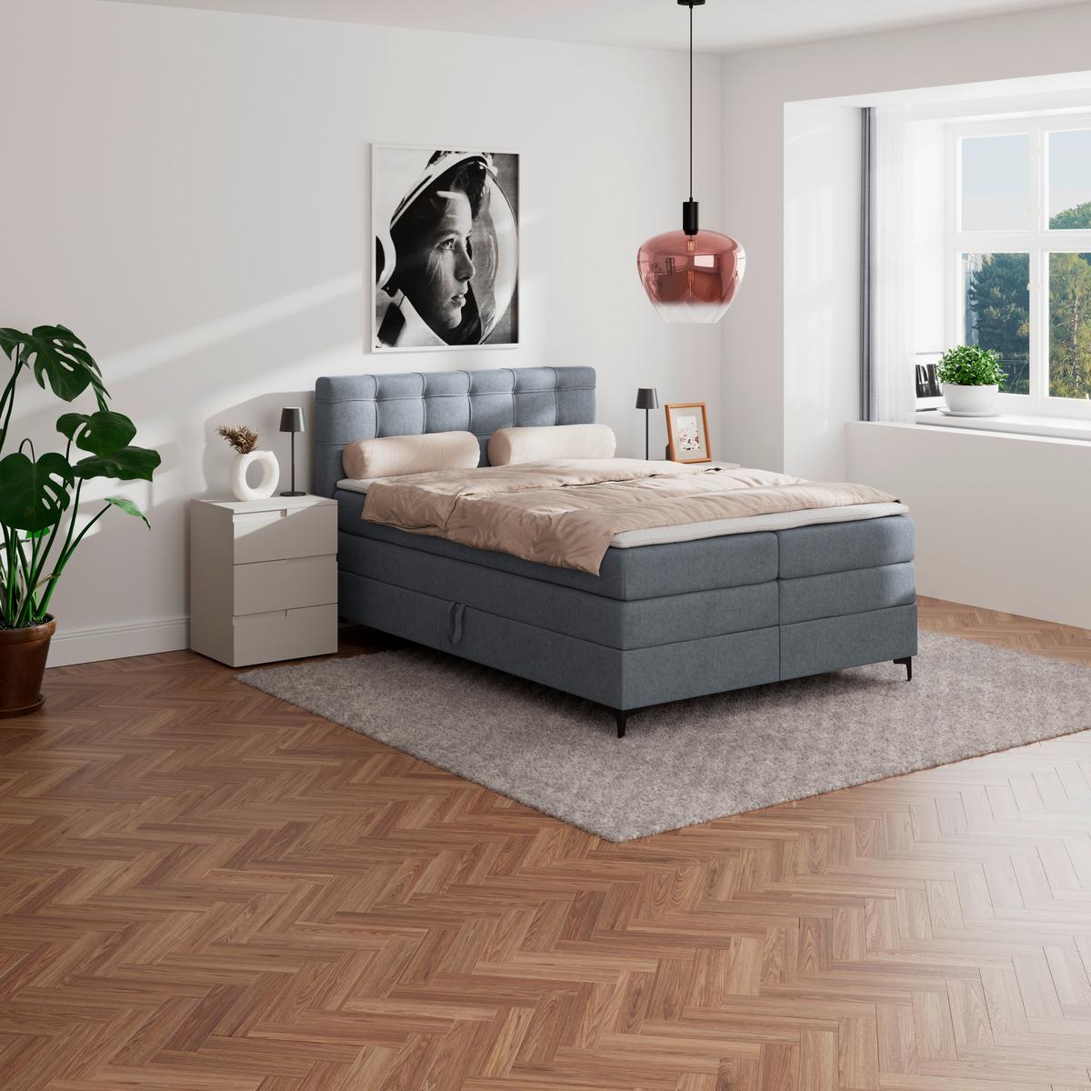 Boxspringbett MITTO Blaugrau 140x200 cm - Blaugrau/Schwarz, KONVENTIONELL, Textil/Metall (140/200cm)