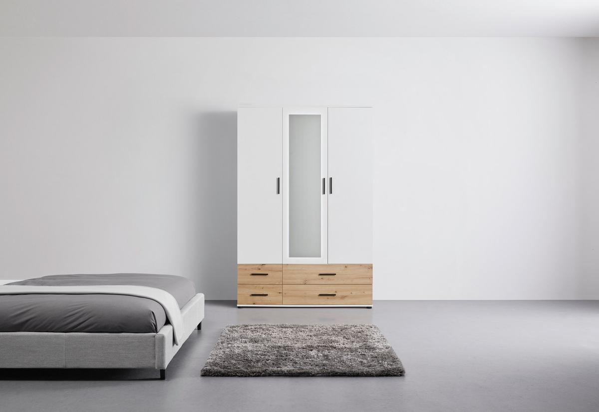 Šatní skříň se zrcadlem a zásuvkami Rasant, bílá/dub - bílá/černá, Konvenční, kompozitní dřevo/plast (127/188/52cm) - Mömax