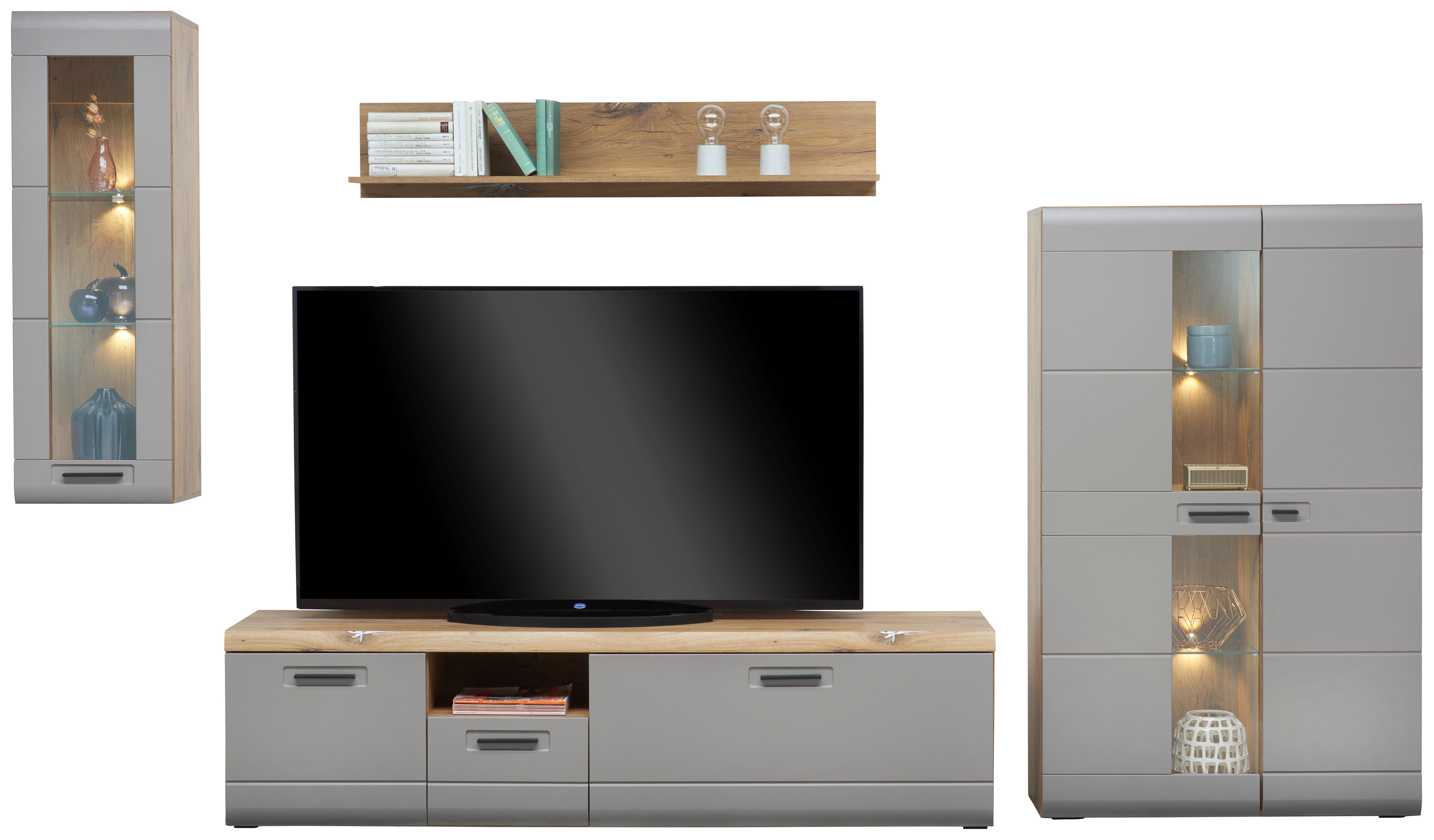 Wohnkombination Modern 4-tlg. Auris, Basalt/eiche Dekor - Grau, MODERN, Glas/Holzwerkstoff (325,3/204,2/49,6cm) - Luca Bessoni