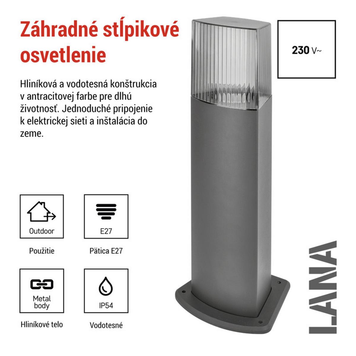 VONKAJŠIE LED SVIETIDLO LANA - antracitová, Modern, kov/plast