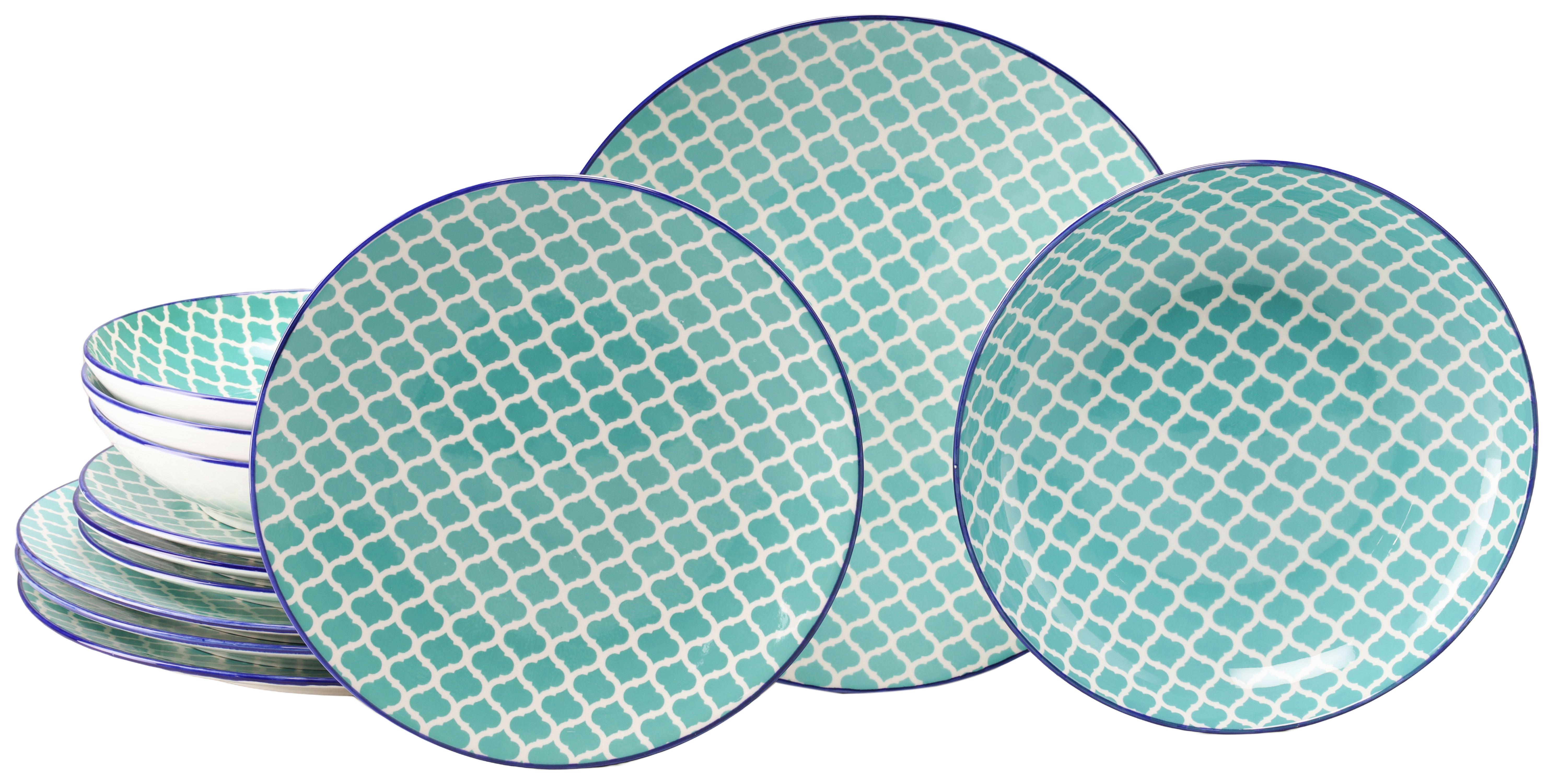 Tafelservice Keramik, Weiß/Petrol, 12--Teilig. - Petrol/Weiß, Basics, Keramik - Creatable