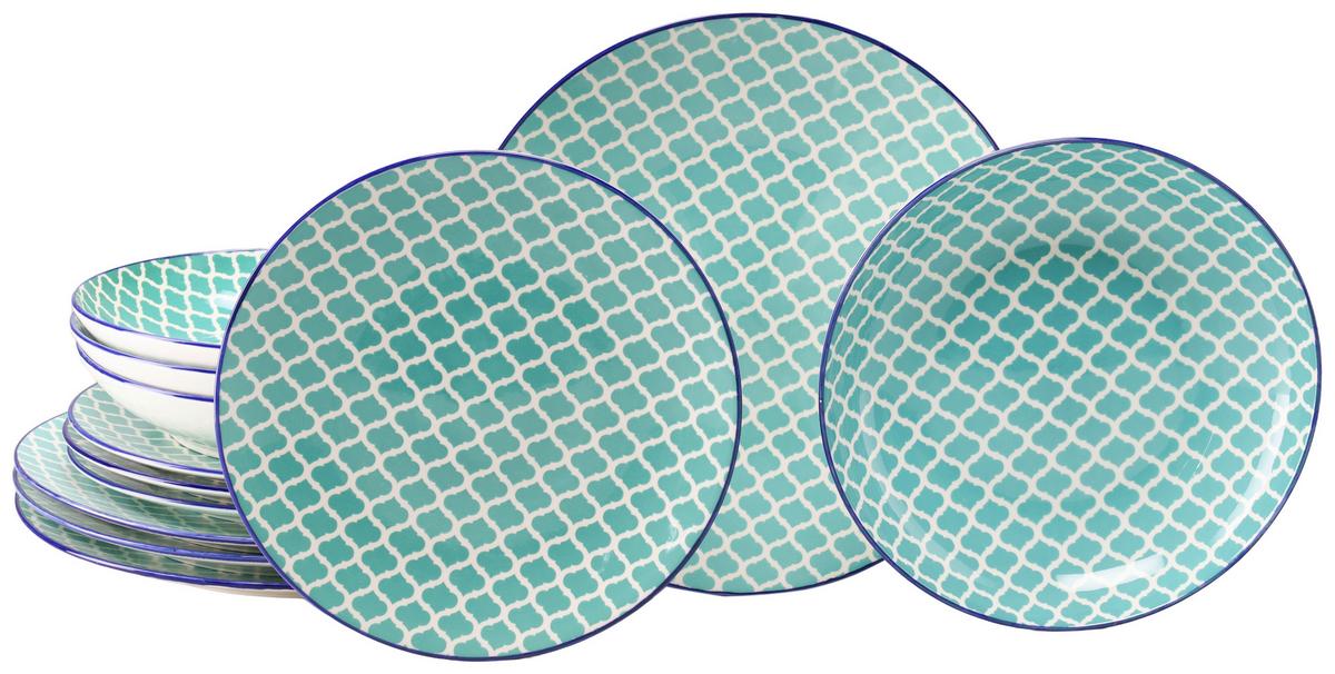 Tafelservice Keramik, Weiß/Petrol, 12--Teilig. - Petrol/Weiß, Basics, Keramik - Creatable