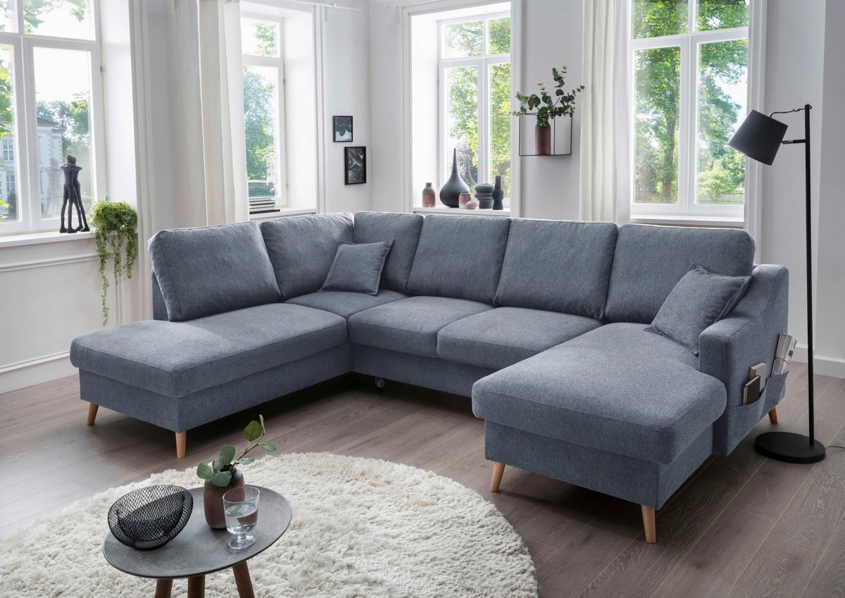 Wohnlandschaft Valentina Mit Schlaffunktion Blau - Blau/Naturfarben, KONVENTIONELL, Textil (200/301/150cm) - P & B