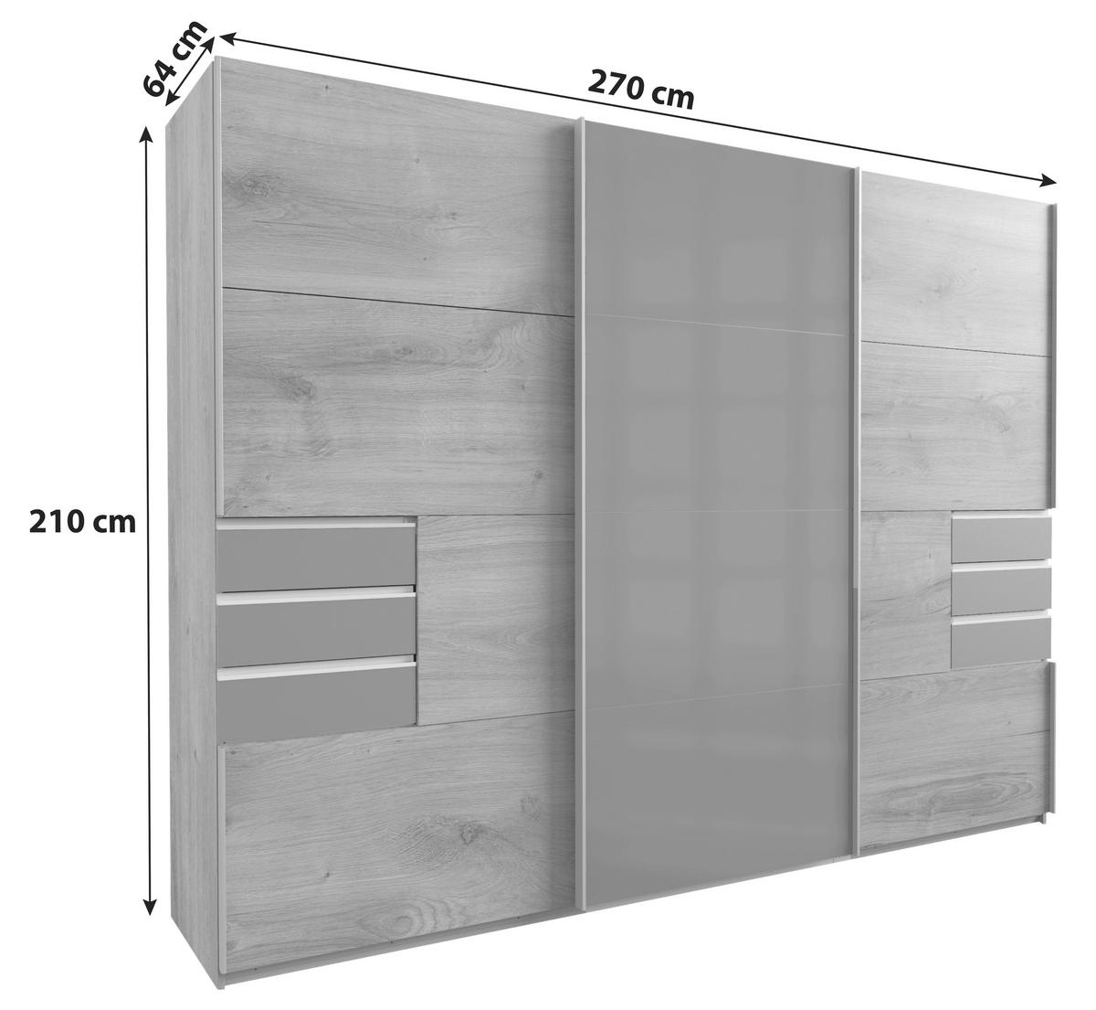 Skříň s posuv. dveřmi SAIGON plaňk. dub/šedé sklo,š. 270 cm - šedá/trámové dubové dřevo, Konvenční, kov/kompozitní dřevo (270/208/64cm) - Premium Living