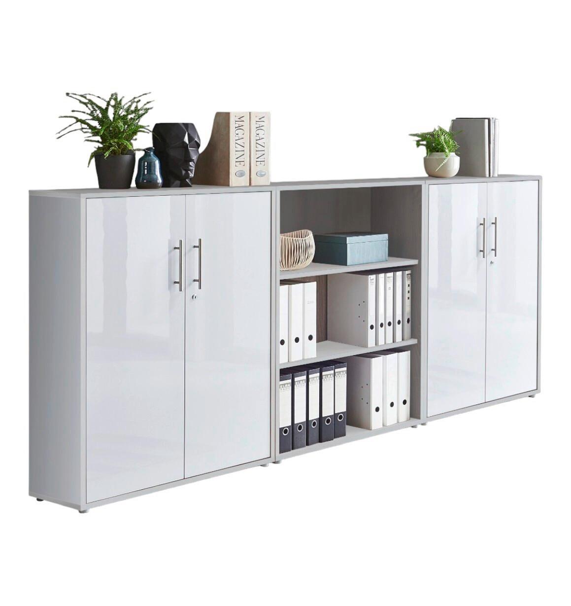 Office Edition B: 253,2 cm Grau/Weiß - Weiß Hochglanz/Grau, MODERN, Holzwerkstoff (253,2/113,6/33cm) - MID.YOU