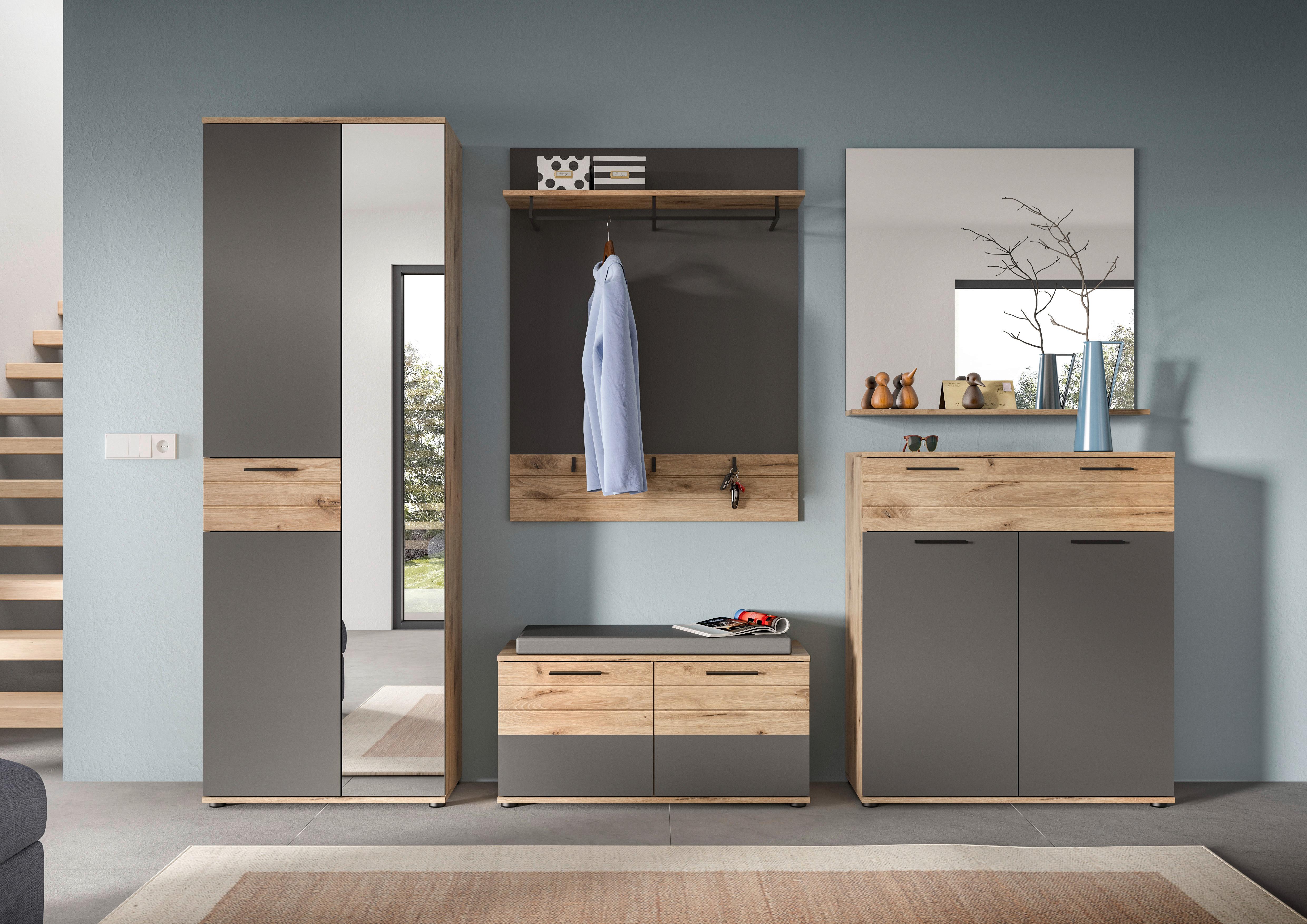Garderobenschrank Mason Eiche/ Grau Mit Spiegel B: 70 Cm - Eichefarben/Grau, MODERN, Holzwerkstoff (70/200/37cm) - MID.YOU