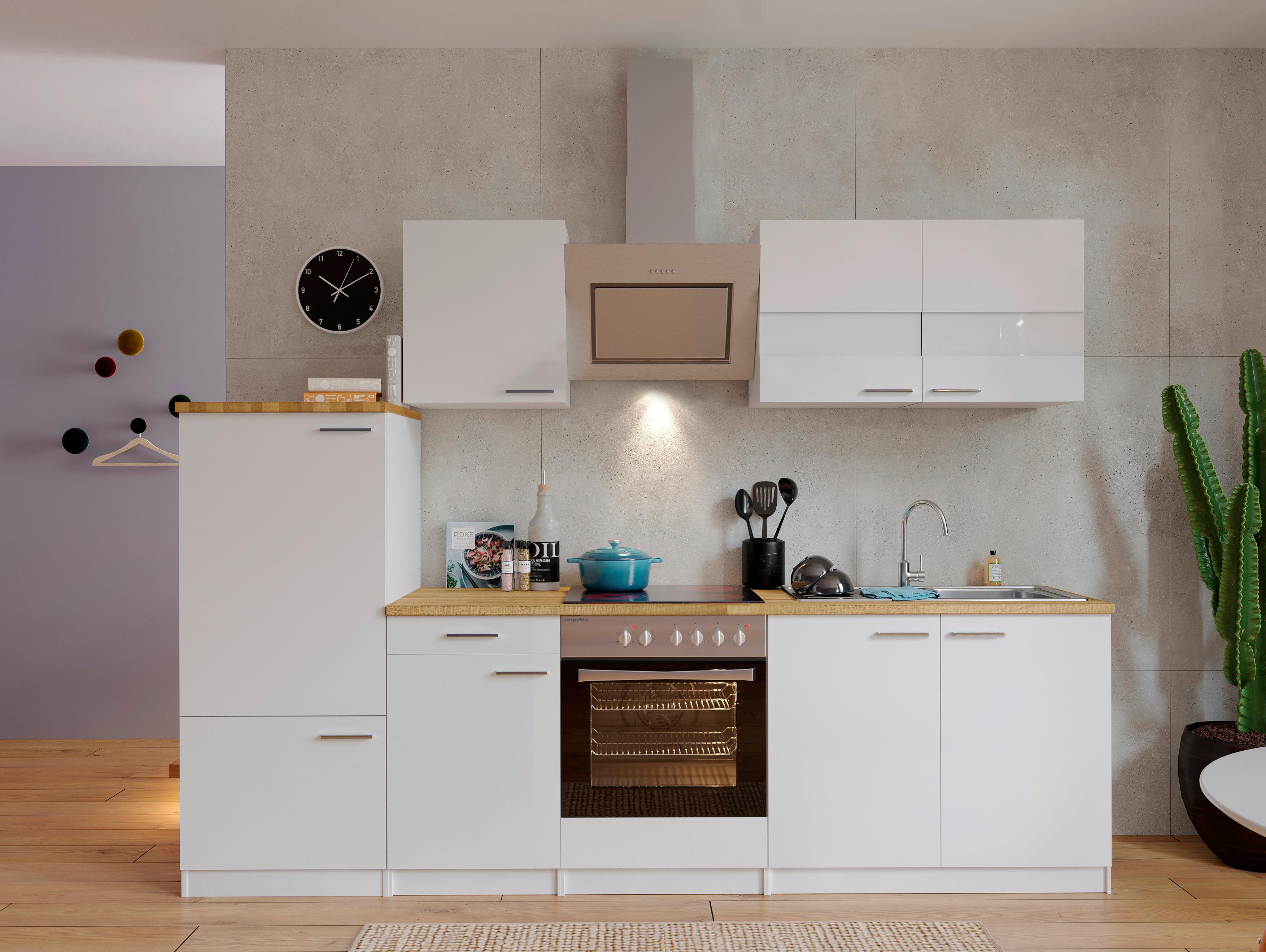 Küchenzeile Economy mit Geräten 270 cm Weiß/Nussbaum Dekor - Nussbaumfarben/Weiß, Basics, Holzwerkstoff (270cm) - Respekta