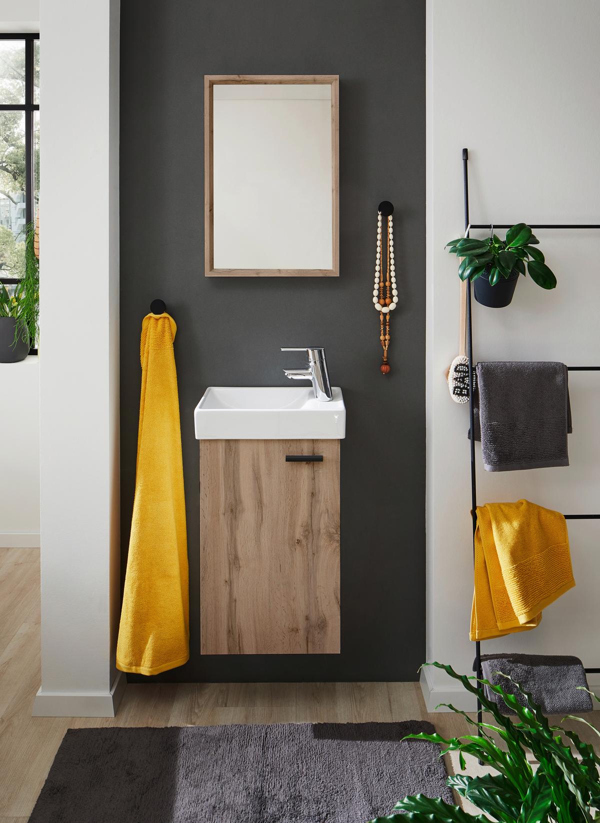 Hosťovská kúpeľňa AMY - divoký dub/biela, Modern, kompozitné drevo/sklo (41/165/23cm) - Mömax