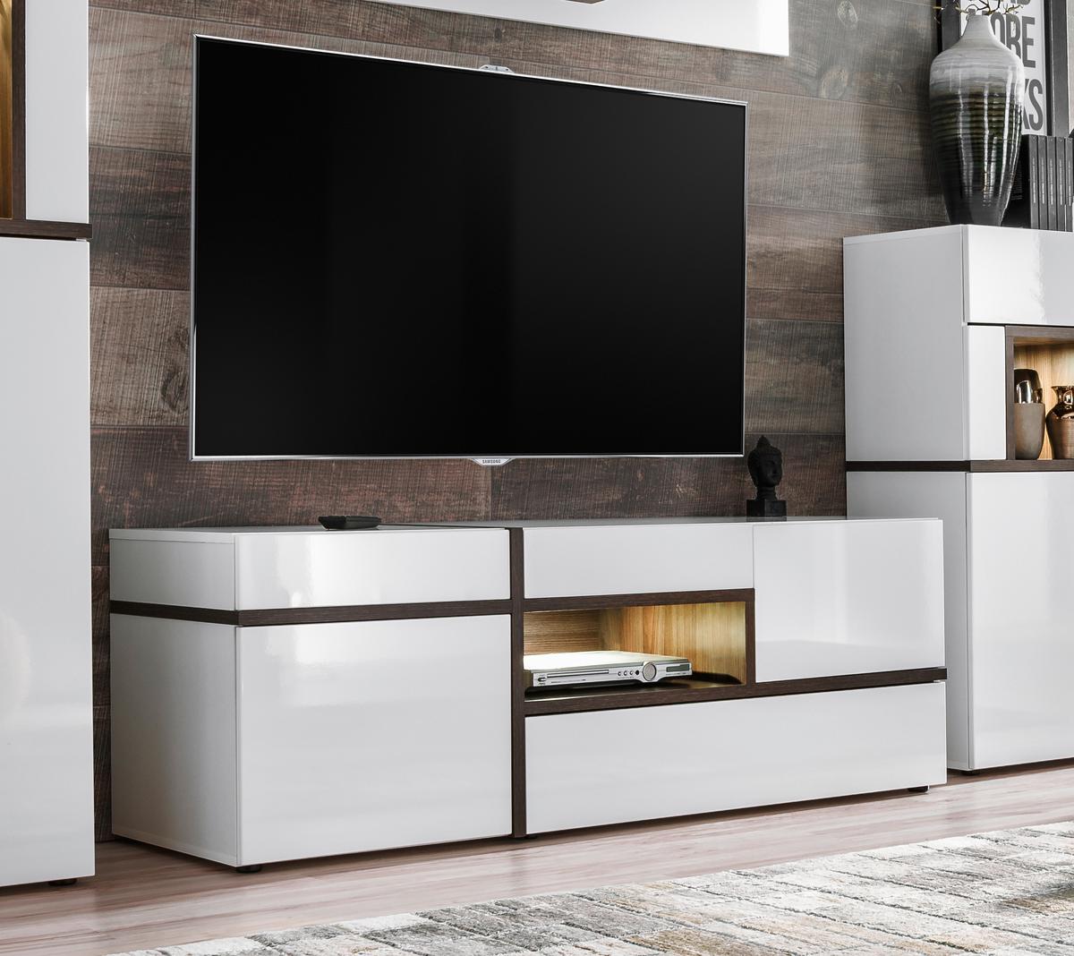 Obývací stěna CROSS, vysoce lesklá bílá - bílá/barvy jilmu, Moderní, kompozitní dřevo/plast (330/195/50cm) - Premium Living