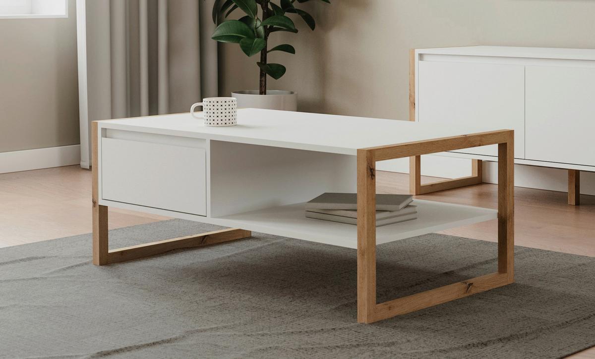Couchtisch Denver Weiß/Eiche Dekor L: 100cm - Weiß/Eiche Artisan, Design, Holzwerkstoff (100/40/55cm) - MID.YOU