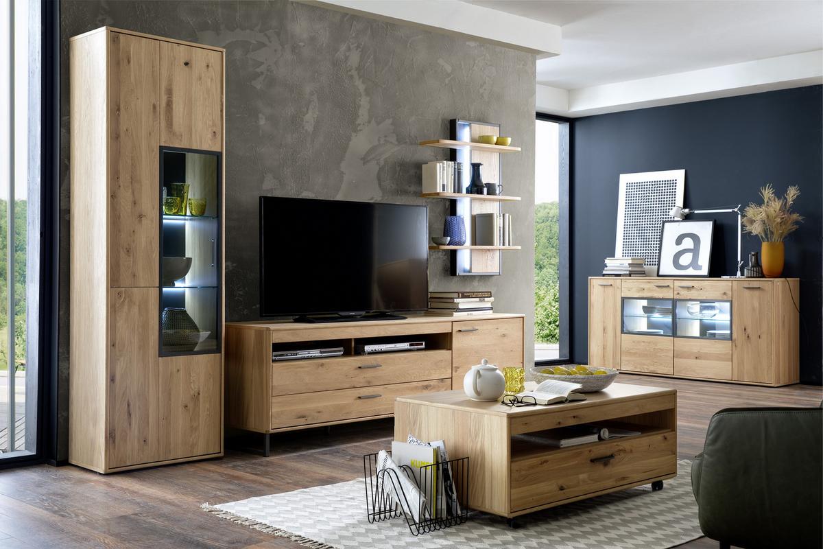 Wohnkombination teilmassiv 3--teilig. Portland Eichefarben - Eichefarben/Schwarz, Design, Glas/Holz (298/207/50cm) - Livetastic