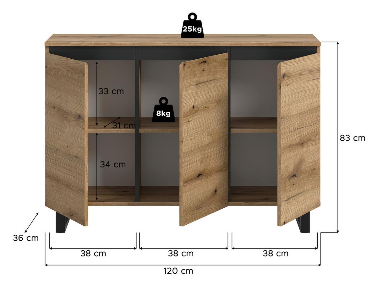 Sideboard Tomasa Eiche Dunkel B: 120 cm - Eiche dunkel/Schwarz, Design, Holzwerkstoff (120/84/36cm) - Livetastic