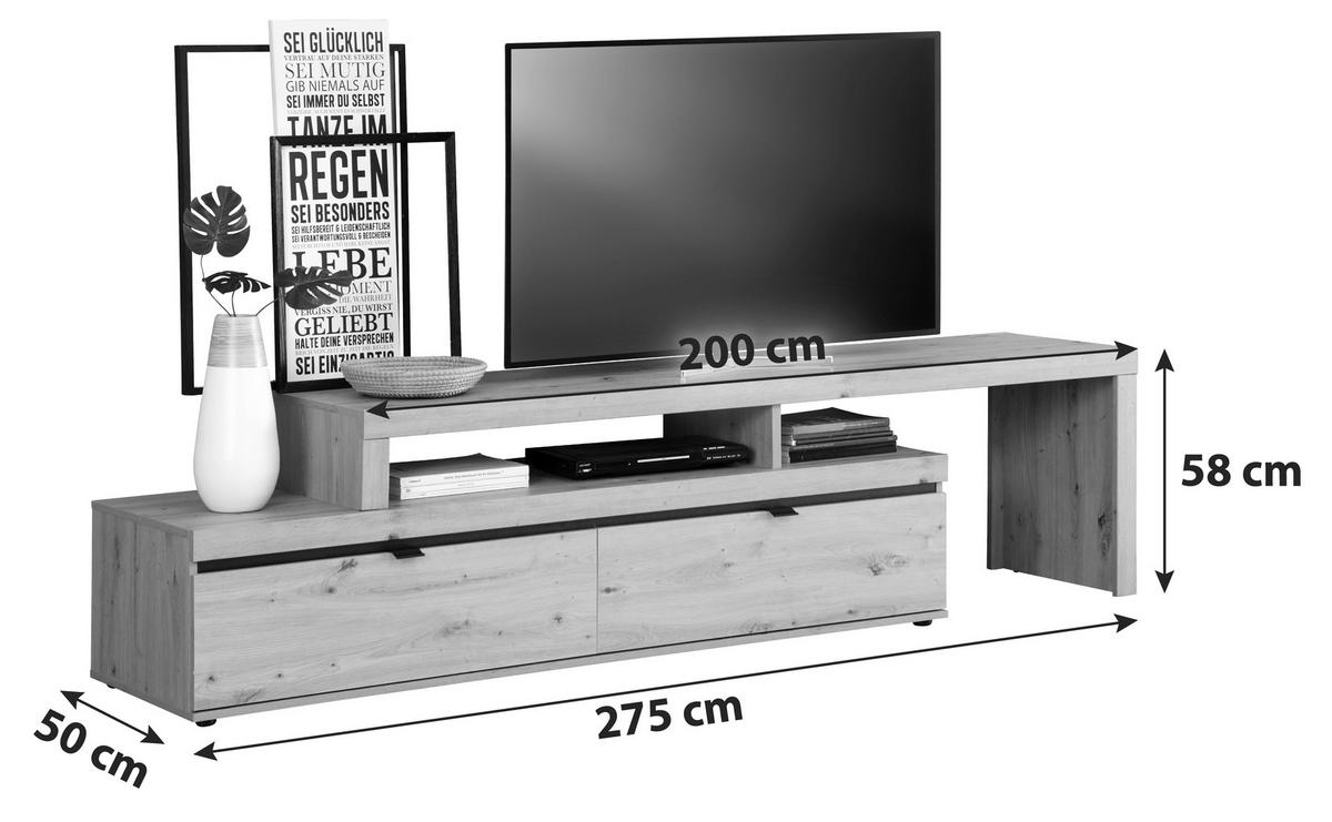 Komoda Pod Televizi Nyon - barvy dubu/černá, Moderní, kov/kompozitní dřevo (200-275/58/50cm)