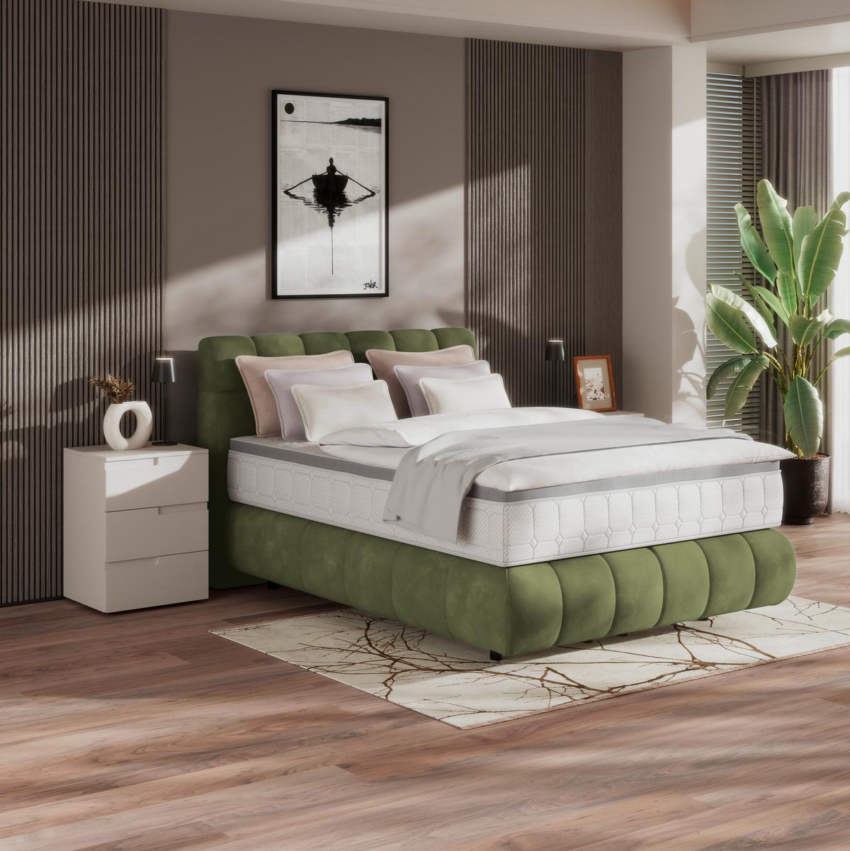 Boxspringbett Nobu Dunkelgrün, Lf: 140x200 Cm - Dunkelgrün/Schwarz, Trend, Holz/Textil (140/200cm)