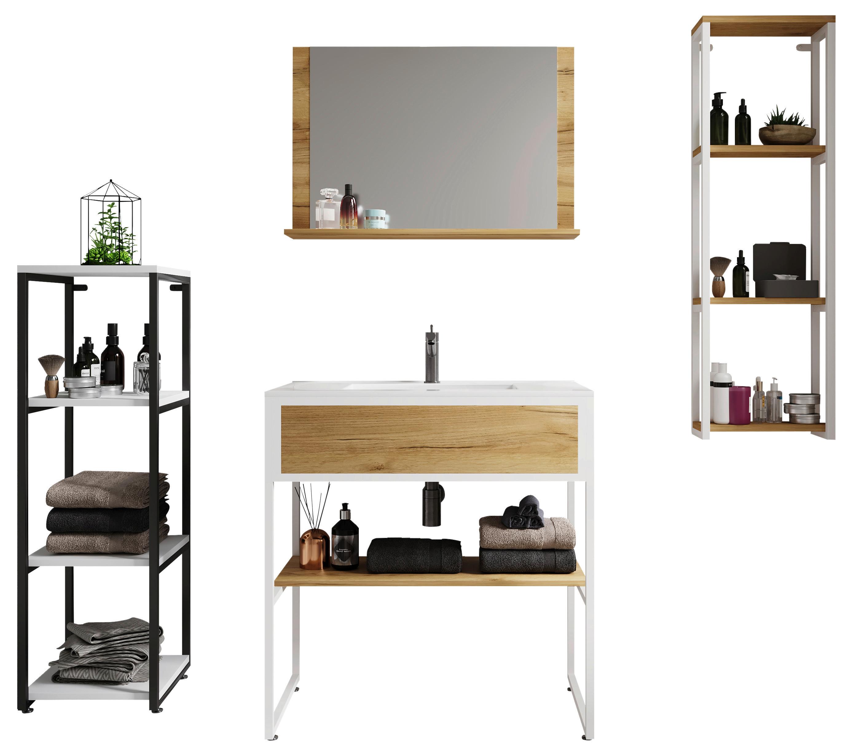 Badezimmer Weiß/Honigeiche, B: 80 cm - Honigeiche/Schwarz, MODERN, Glas/Keramik (80/85/46cm) - MID.YOU