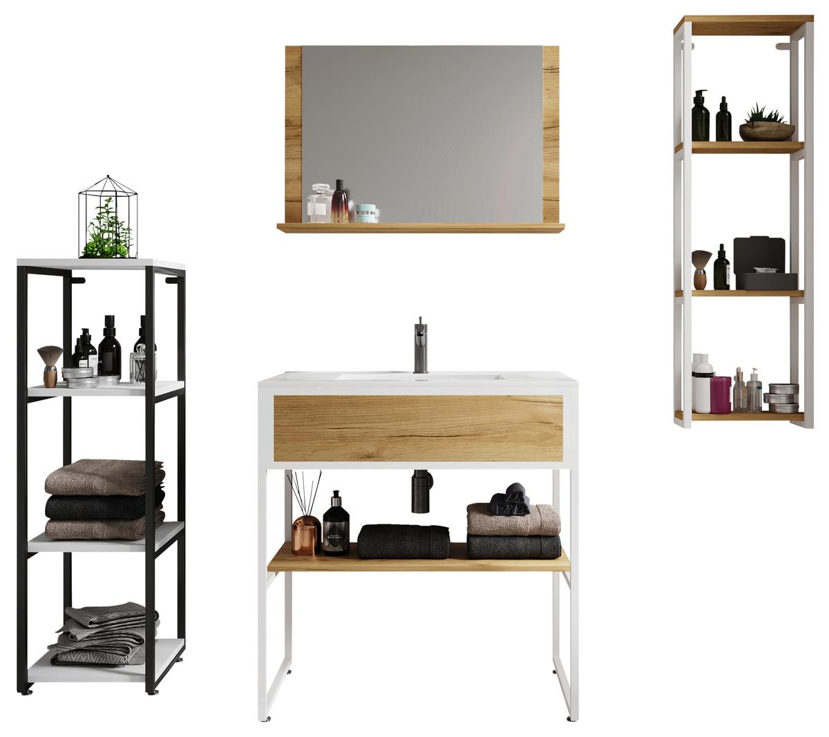 Badezimmer Weiß/Honigeiche, B: 80 cm - Honigeiche/Schwarz, MODERN, Glas/Keramik (80/85/46cm) - MID.YOU