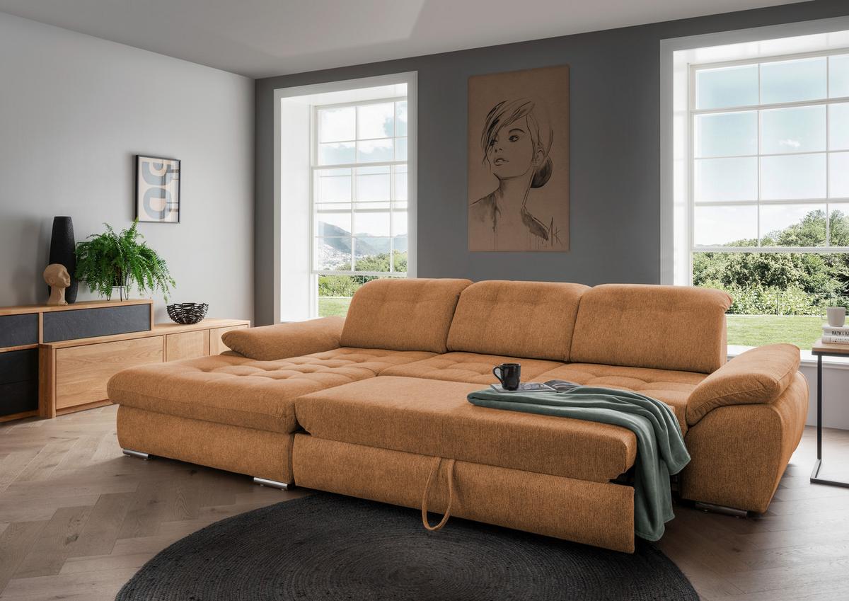 Ecksofa mit Bettkasten Rigatti Currygelb S: 184x314cm - Chromfarben/Currygelb, MODERN, Textil (184/314cm) - Livetastic