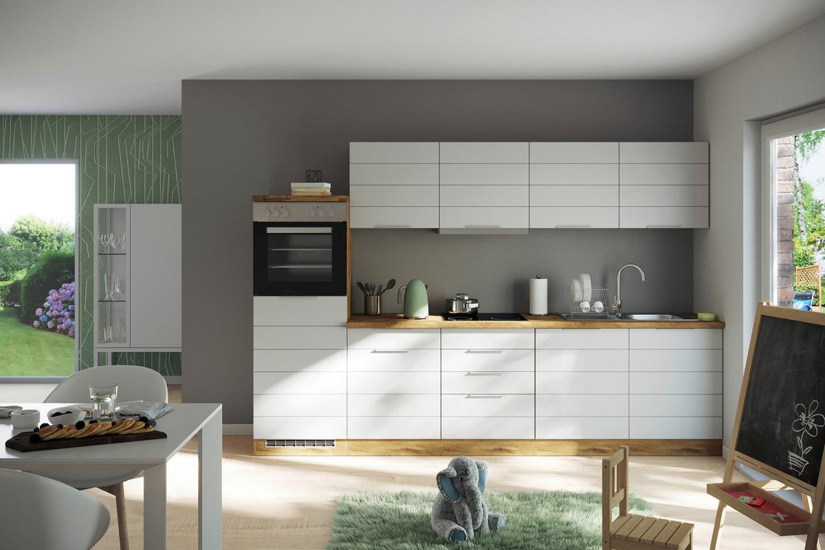 Küchenzeile Florenz mit Geräten 300 cm Weiß/Eichefarben - Eiche Wotan/Weiß, Design, Holzwerkstoff (300cm) - Held