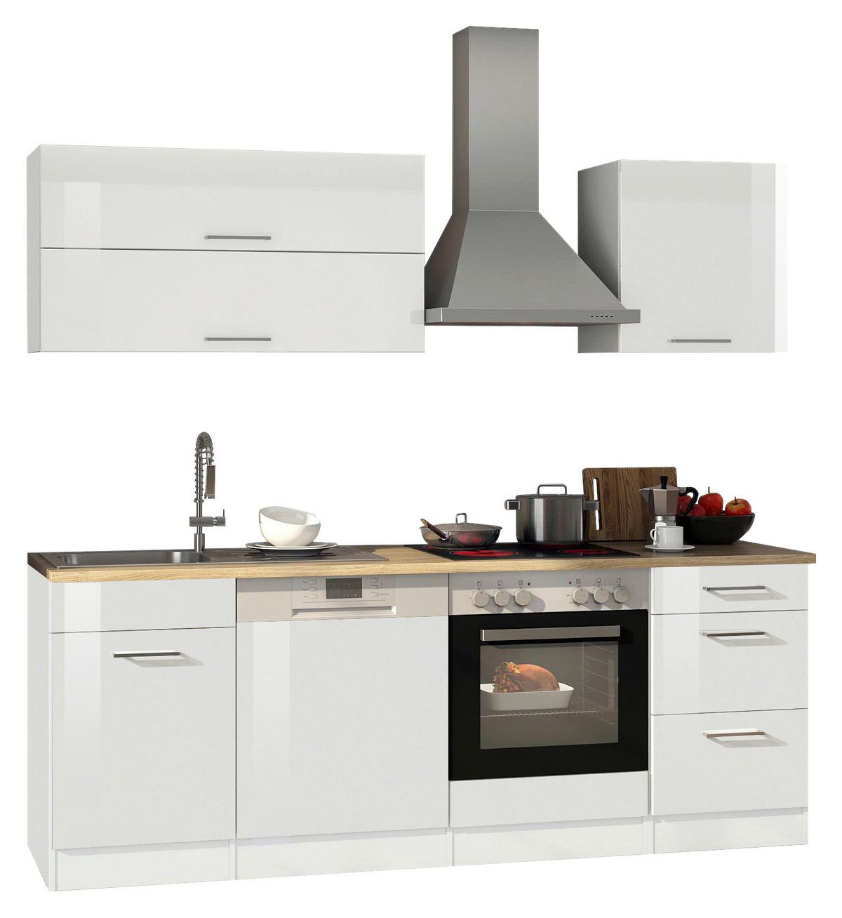 Küchenzeile Mailand mit Geräten 220 cm Weiß Elegant - Eichefarben/Weiß Hochglanz, MODERN, Holzwerkstoff (220cm) - Held