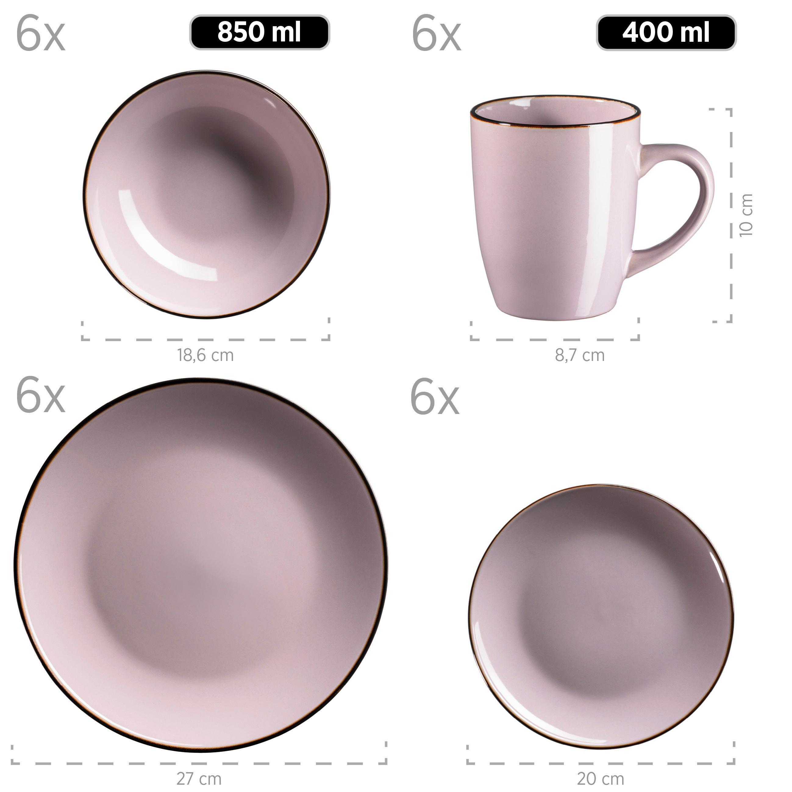 Kombiservice Metallic Rim 6 Personen Geschirr Set - Dunkelrosa, Basics, Keramik - Mäser