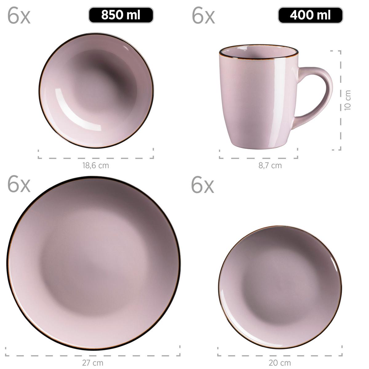 Kombiservice Metallic Rim 6 Personen Geschirr Set - Dunkelrosa, Basics, Keramik - Mäser