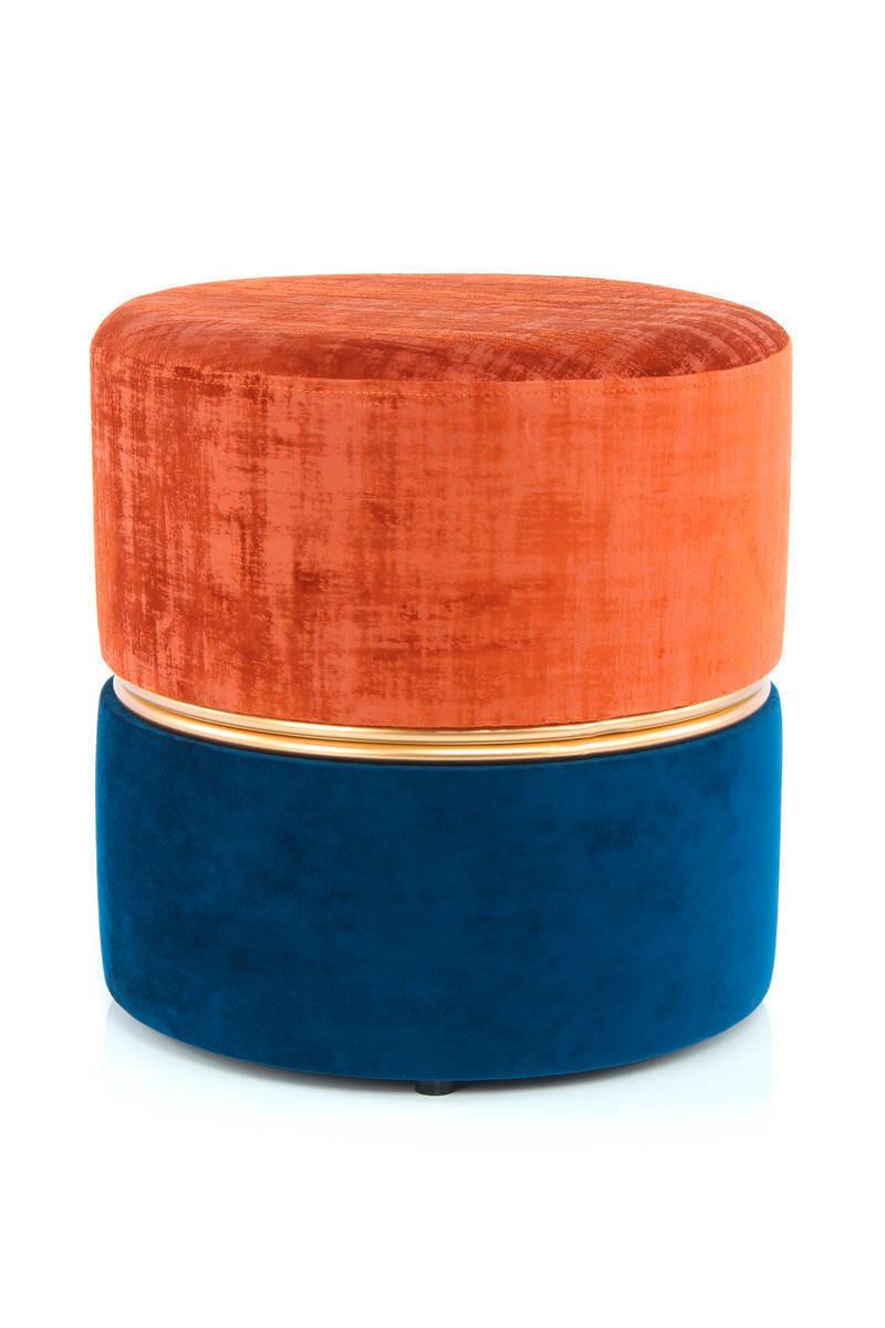 Gepolsterter Hocker in Terracotta und Dunkelblau mit Goldring