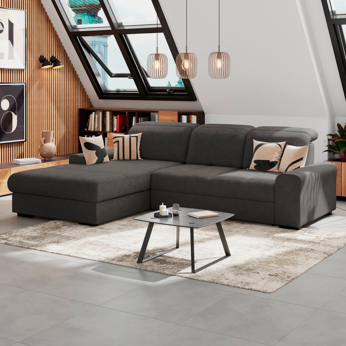 Ecksofa mit Bettfunktion Malaga new Chenille graphit - Schwarz/Graphitfarben, KONVENTIONELL, Textil (203/286cm) - Ondega