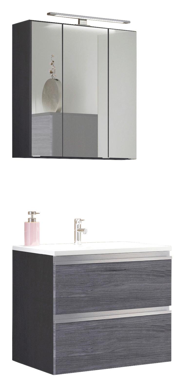 Badmöbel-Set 3-Tlg. inkl. LED Arezzo B: 60cm, Eiche Dekor - Eichefarben/Silberfarben, Basics, Holzwerkstoff/Stein (60cm) - Held