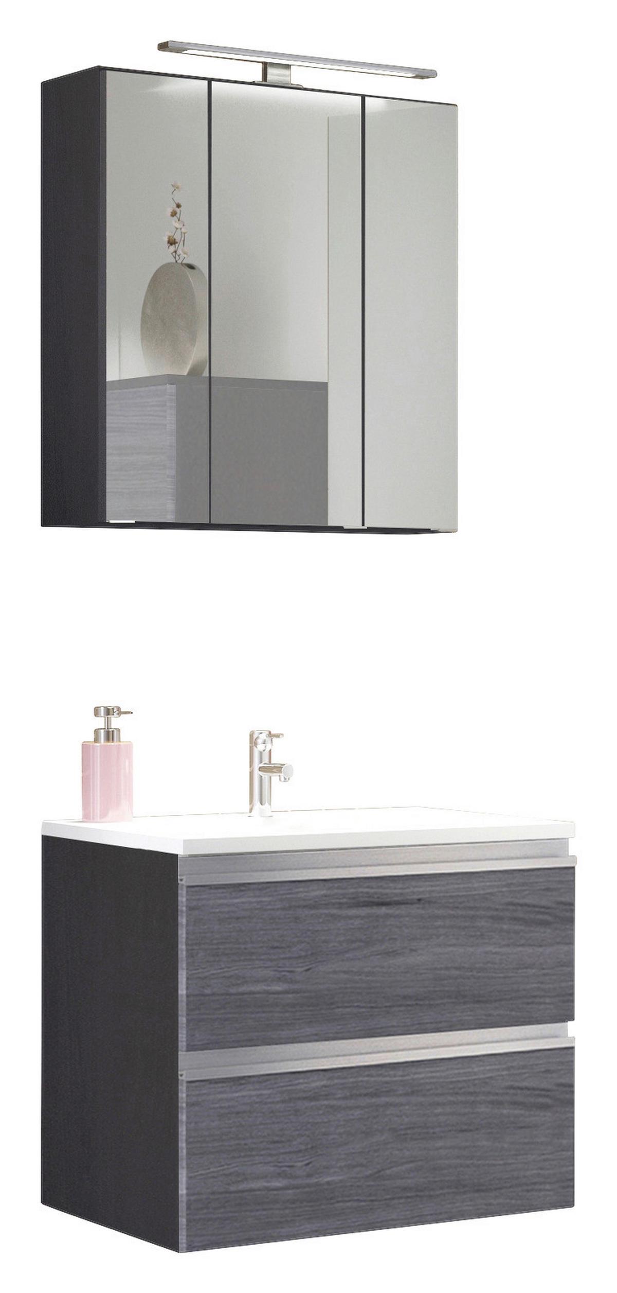 Badmöbel-set 3-tlg. Inkl. Led Arezzo B: 60cm, Eiche Dekor - Eichefarben/Silberfarben, Basics, Holzwerkstoff/Stein (60cm) - Held