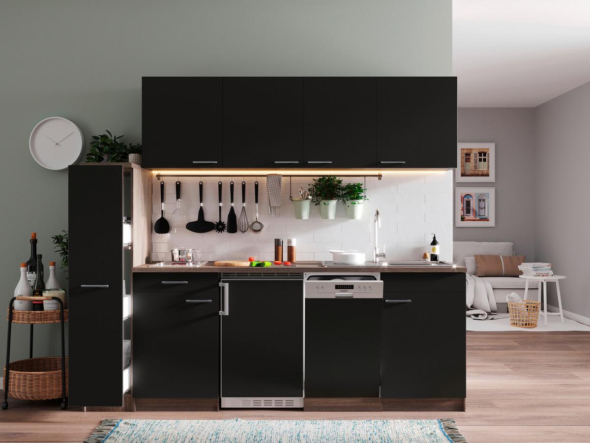 Küchenblock Oliver Singleküche 225 cm - Eichefarben/Schwarz, Basics, Holzwerkstoff (225cm) - Respekta