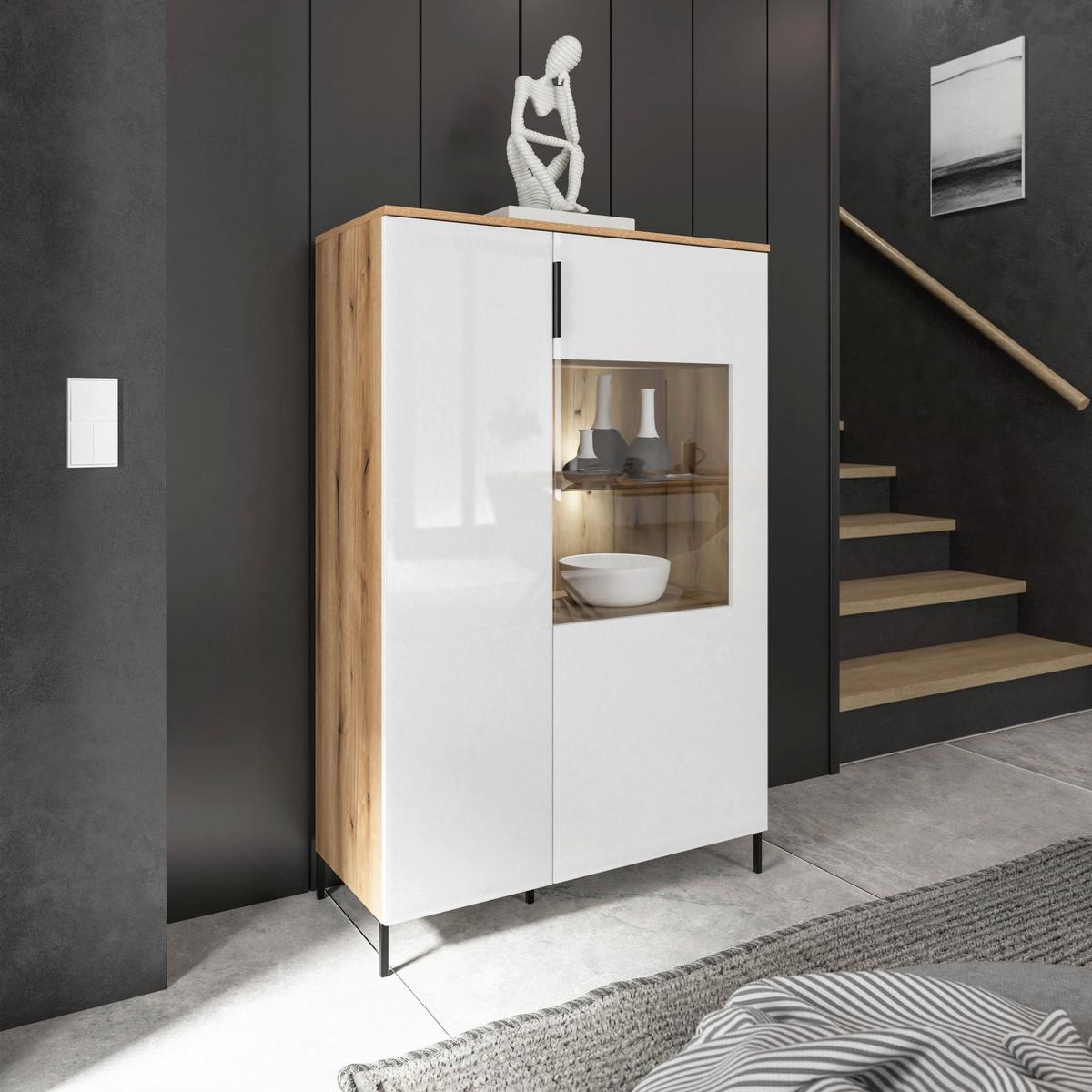Highboard Austin 90 cm Eichefarben/Glasfront Weiss - Eichefarben/Schwarz, Trend, Glas/Holzwerkstoff (90/140/40cm)