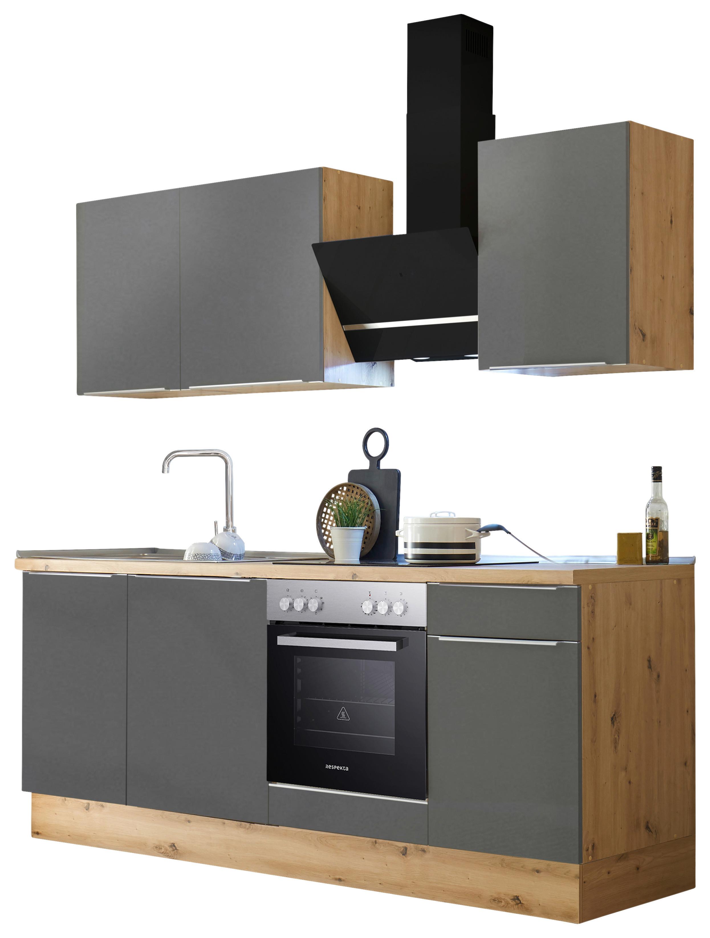 Küchenzeile mit Geräte B: 220 cm Grau/Eiche Dekor - Anthrazit/Eiche Artisan, LIFESTYLE, Holzwerkstoff (220cm) - Respekta