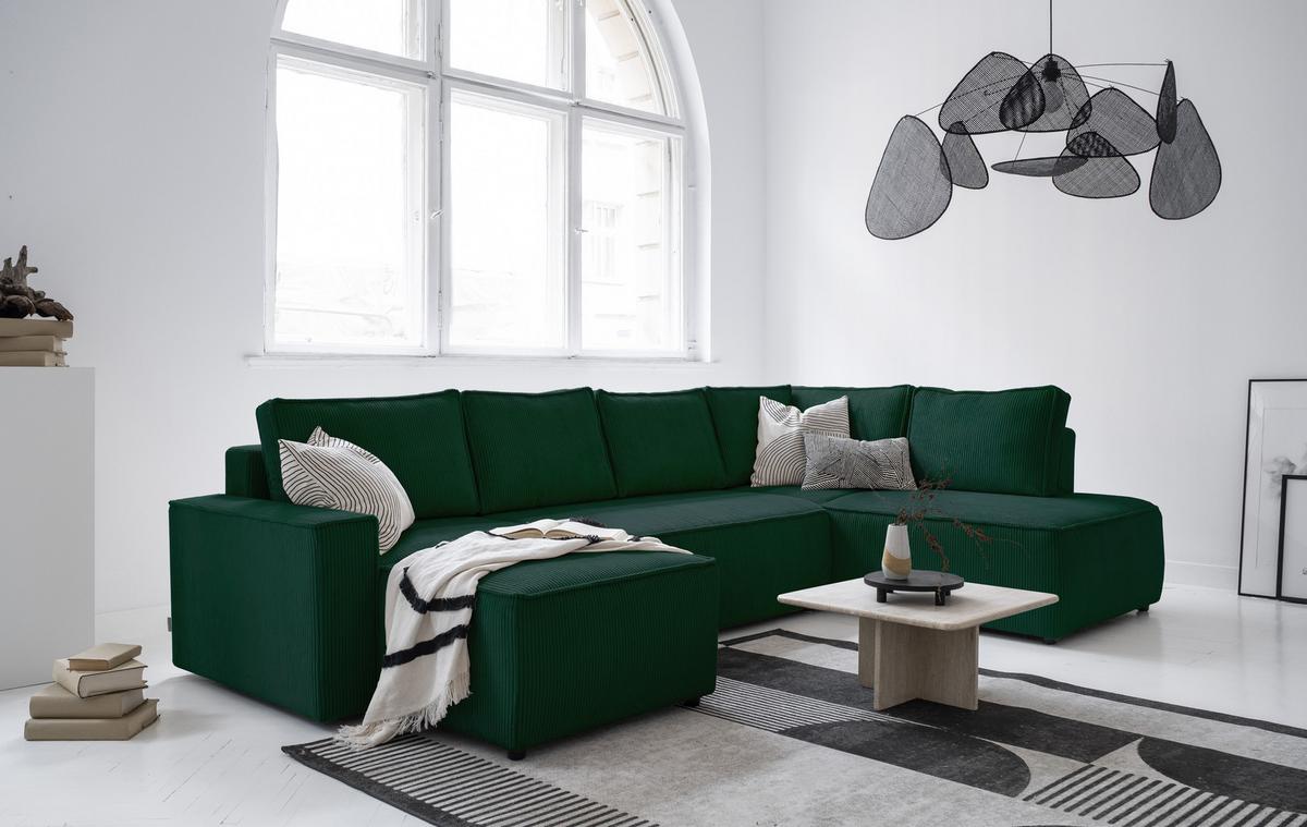 Rohová sedacia súprava OLIVER, tmavozelená, menčester, pravá - čierna/tmavozelená, Design, drevo/textil (89/322/194cm)