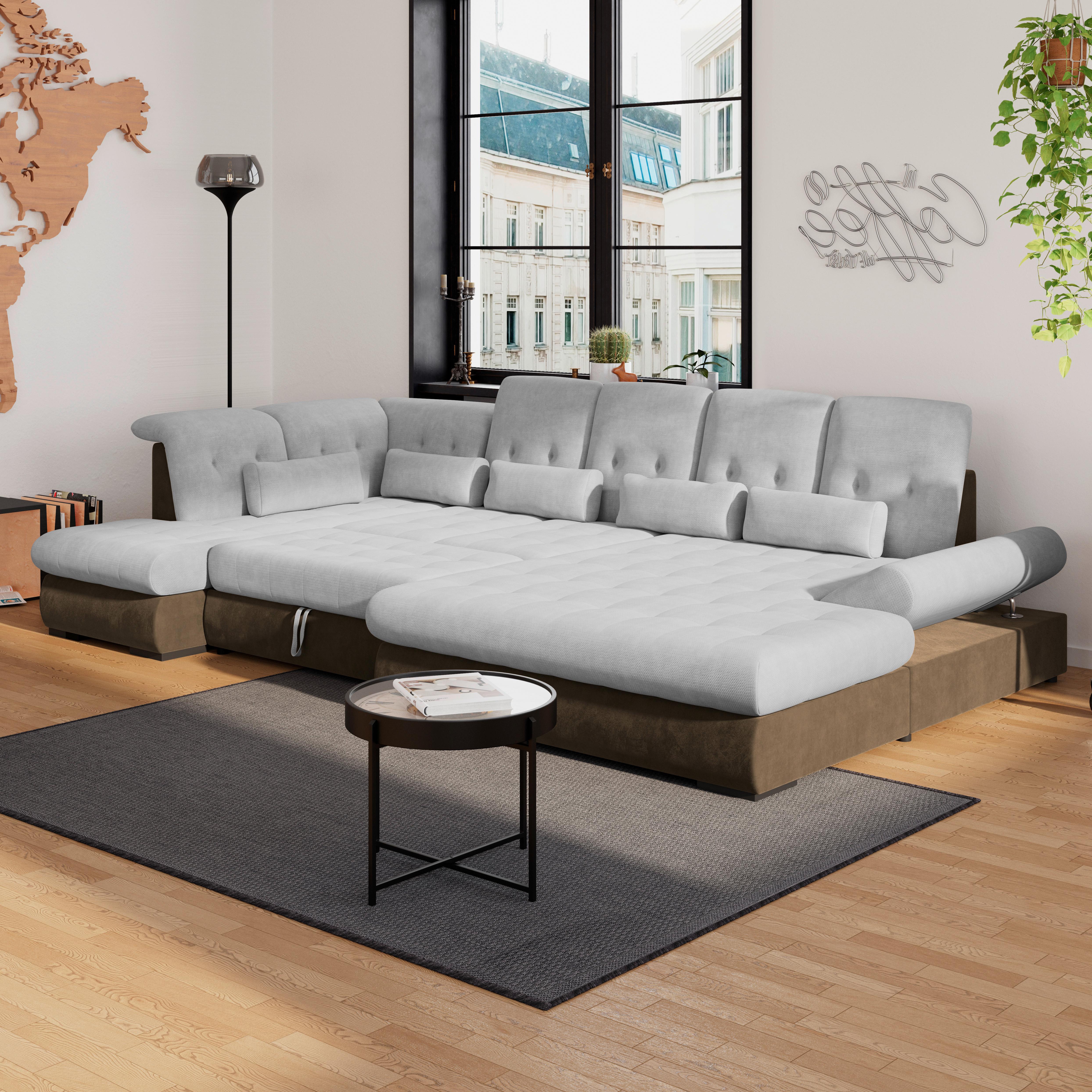 Wohnlandschaft Madera Silberfarben U: 212x358x190 cm - Hellbraun/Silberfarben, KONVENTIONELL, Kunststoff/Textil (212/358/190cm)