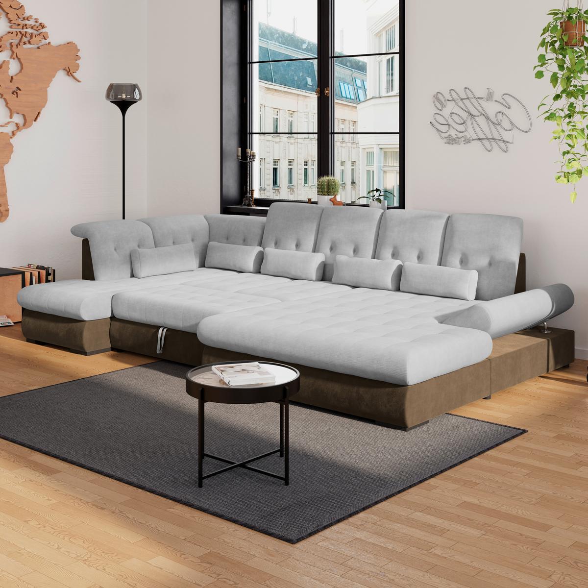 Wohnlandschaft Madera Mit Schlaffunktion Silberfarben - Hellbraun/Silberfarben, KONVENTIONELL, Kunststoff/Textil (212/358/190cm)
