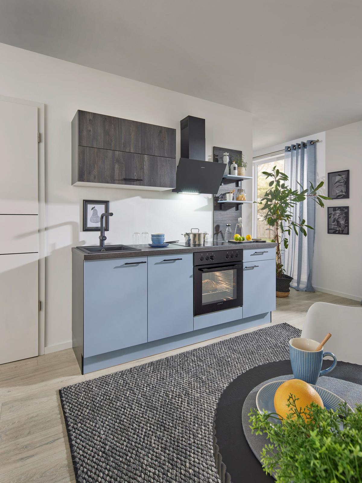 Küchenblock Pn105 / Pn100 - Eiche dunkel/Pastellblau, Basics, Holzwerkstoff (205cm) - Pino