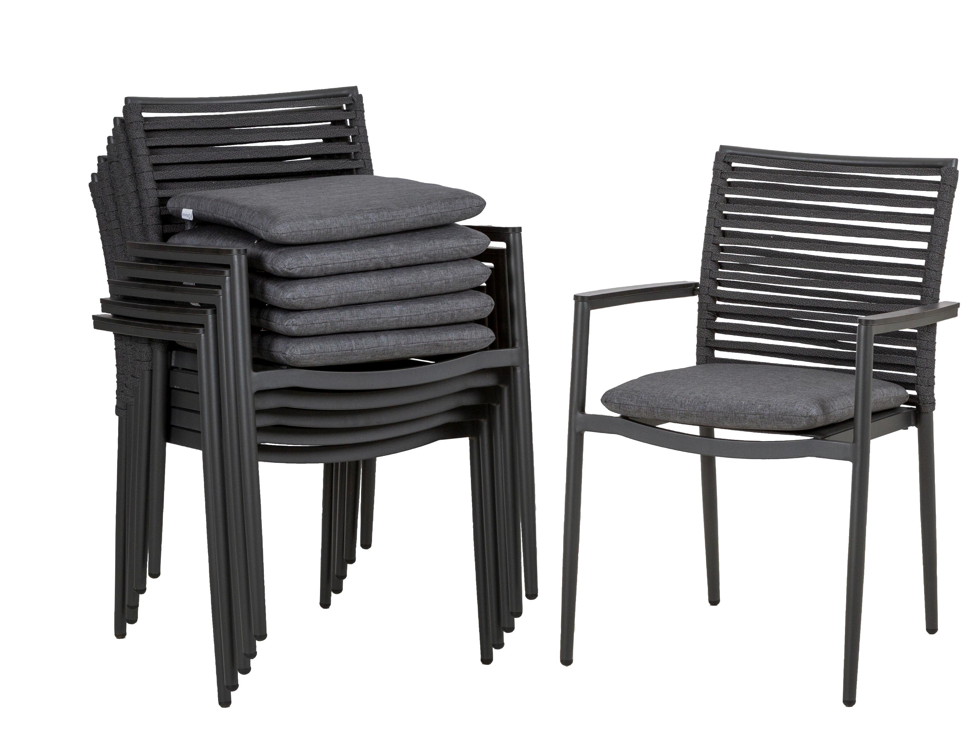 Set aus sechs Stapelsesseln mit Sitzkissen in Dunkelgrau