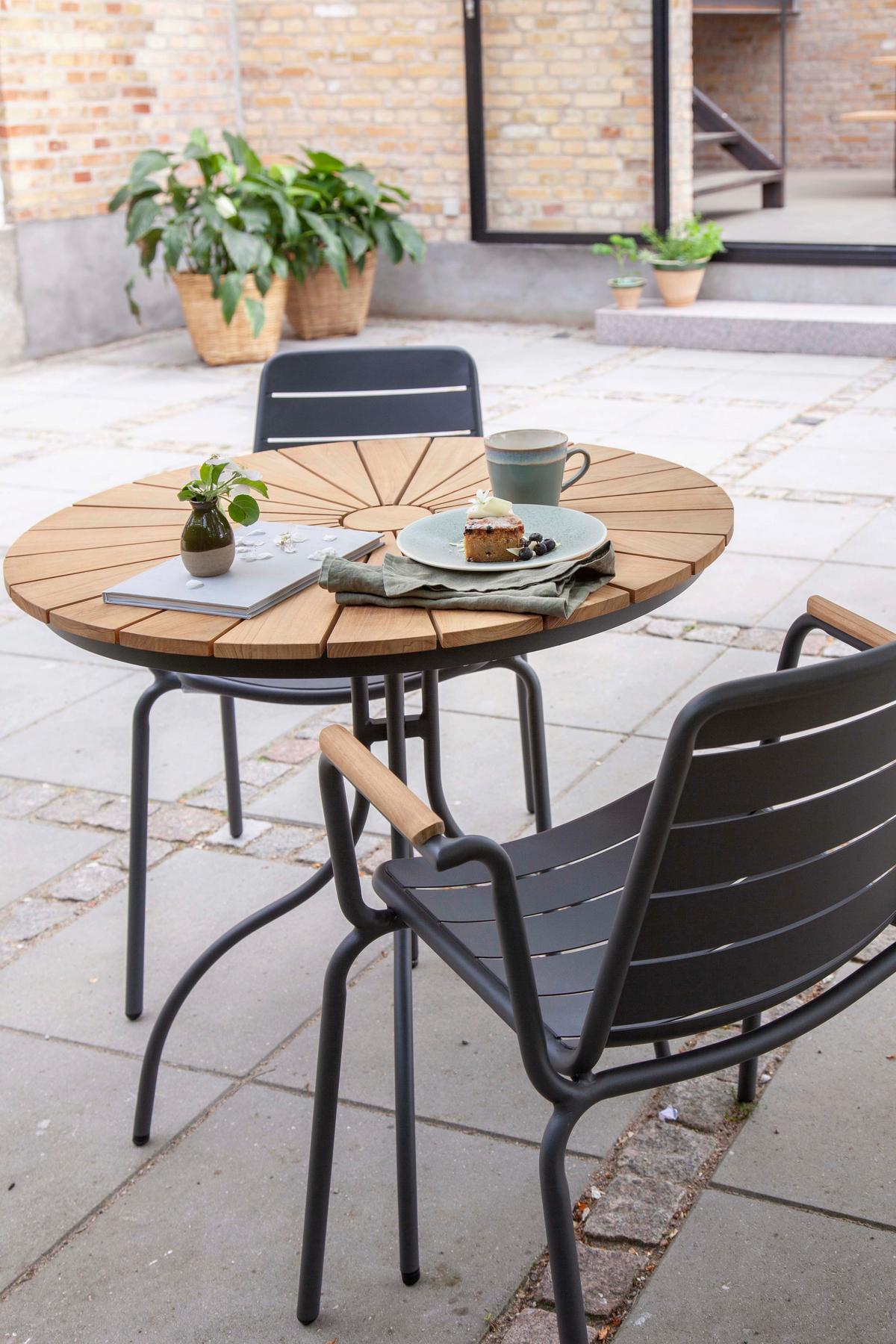 Gartentischgruppe 3-teilig Metall/Holz, anthrazit/Natur - Anthrazit/Teakfarben, Natur, Holz/Metall (120/120/80cm) - Gardenson