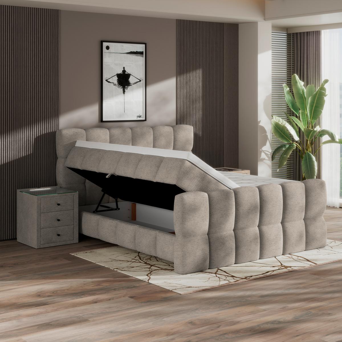 Boxspringbett Brisbane inkl. Bettkasten 200x200 - Beige, Trend, Holz/Holzwerkstoff (200/220cm) - Sembella