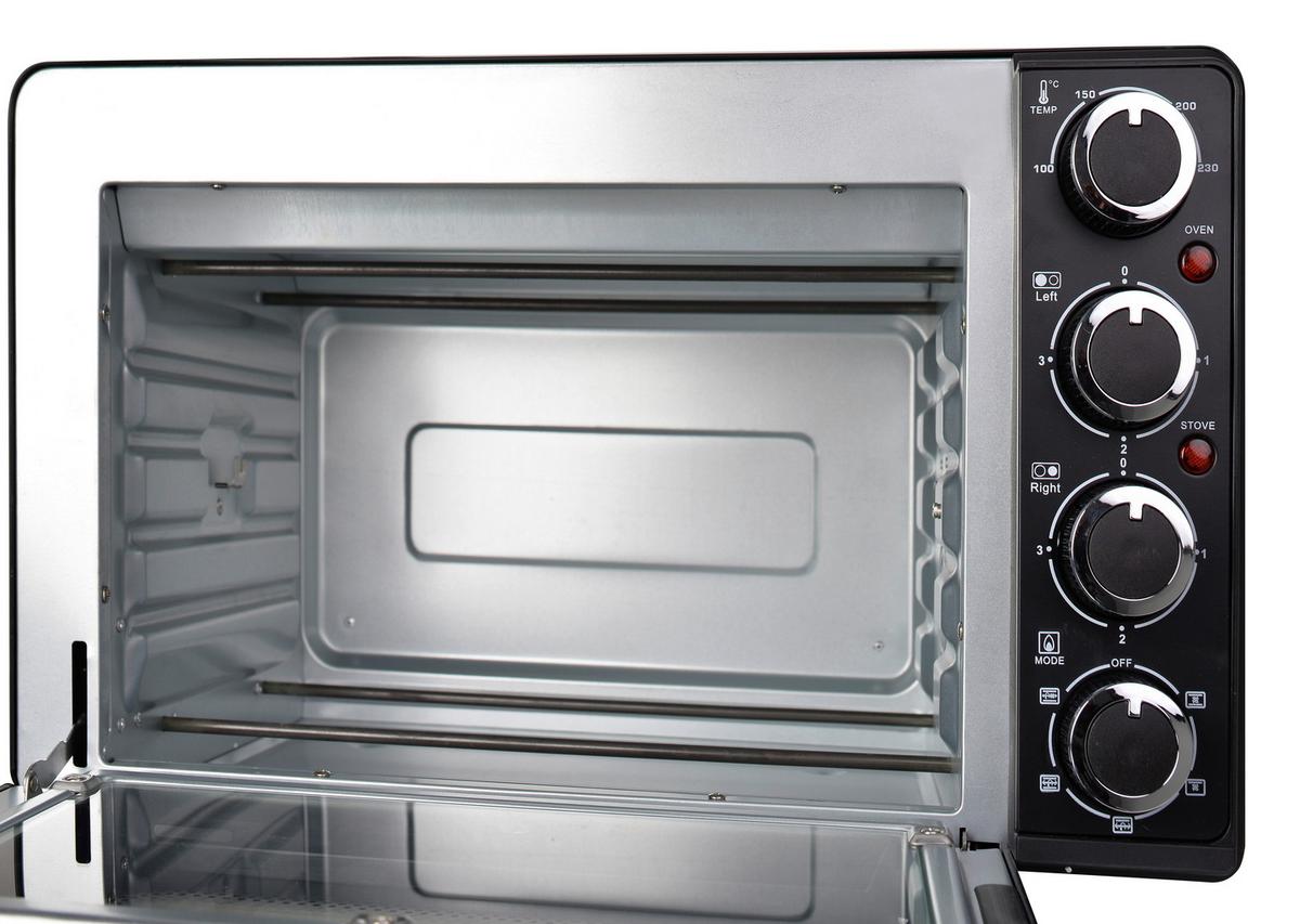 Mini-Backofen Kk 3200 Schwarz 3200 W mit Kochplatte - Schwarz, Trend, Glas/Kunststoff (53/32/43cm) - Silva Homeline