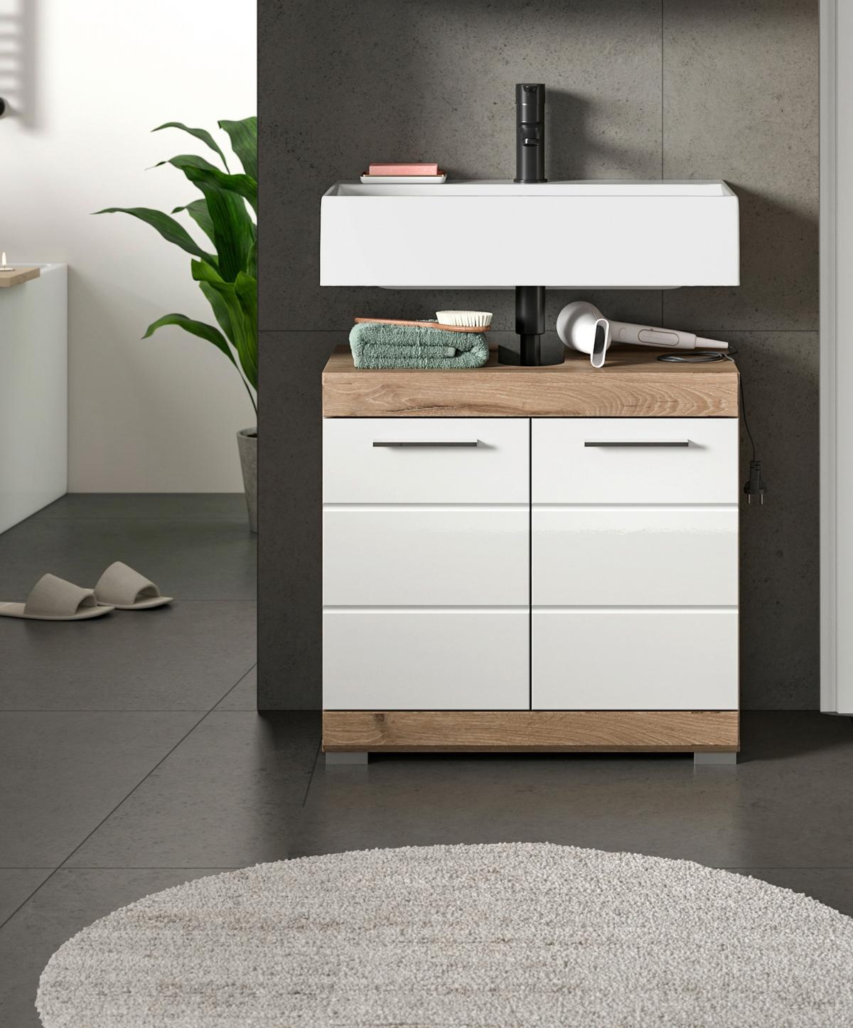 Waschbeckenunterschrank  Wave Eichefarben Dekor Weiß Hg - Weiß Hochglanz/Eichefarben, MODERN, Holzwerkstoff (60/56/34cm) - MID.YOU