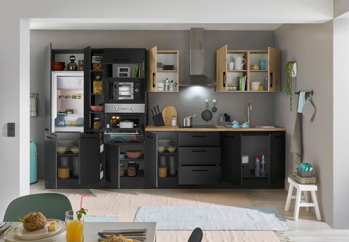 Küchenblock Turin Schwarz/eiche Dekor B: 360 Cm - Schwarz/Eiche Artisan, Basics, Holzwerkstoff (360cm) - MID.YOU