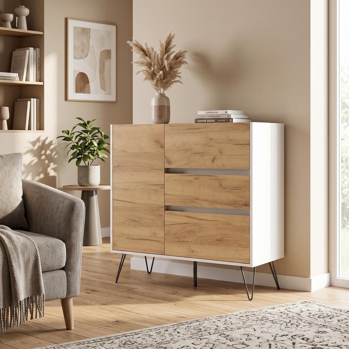 Sideboard Posseik Industrial Weiß/Eichefarben B: 99 cm - Weiß Hochglanz/Eichefarben, Design, Holzwerkstoff (99/93,6/42cm) - MID.YOU