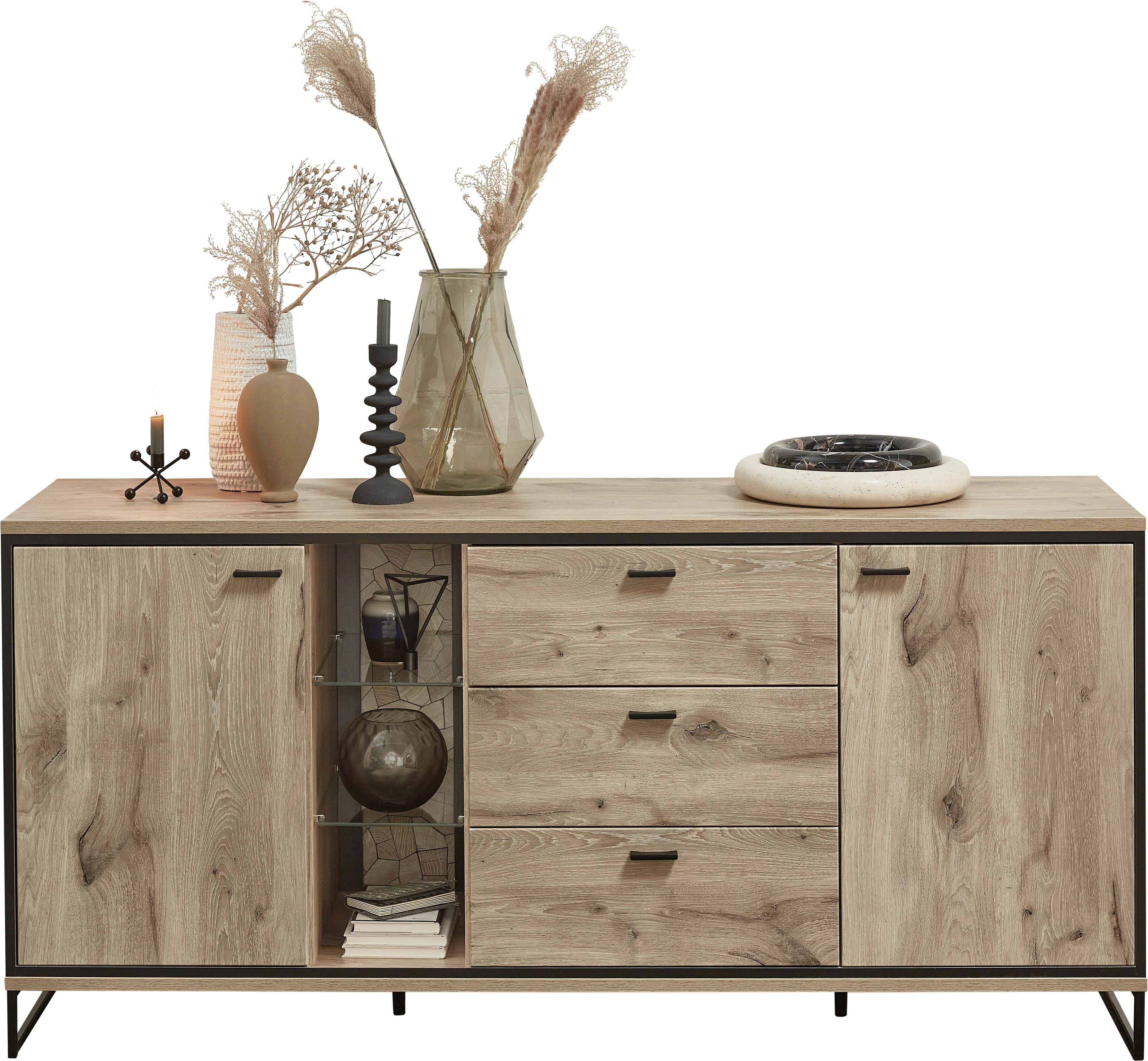 Sideboard Ruben - Eichefarben/Schwarz, KONVENTIONELL, Glas/Holzwerkstoff (180/86/49cm) - Livetastic